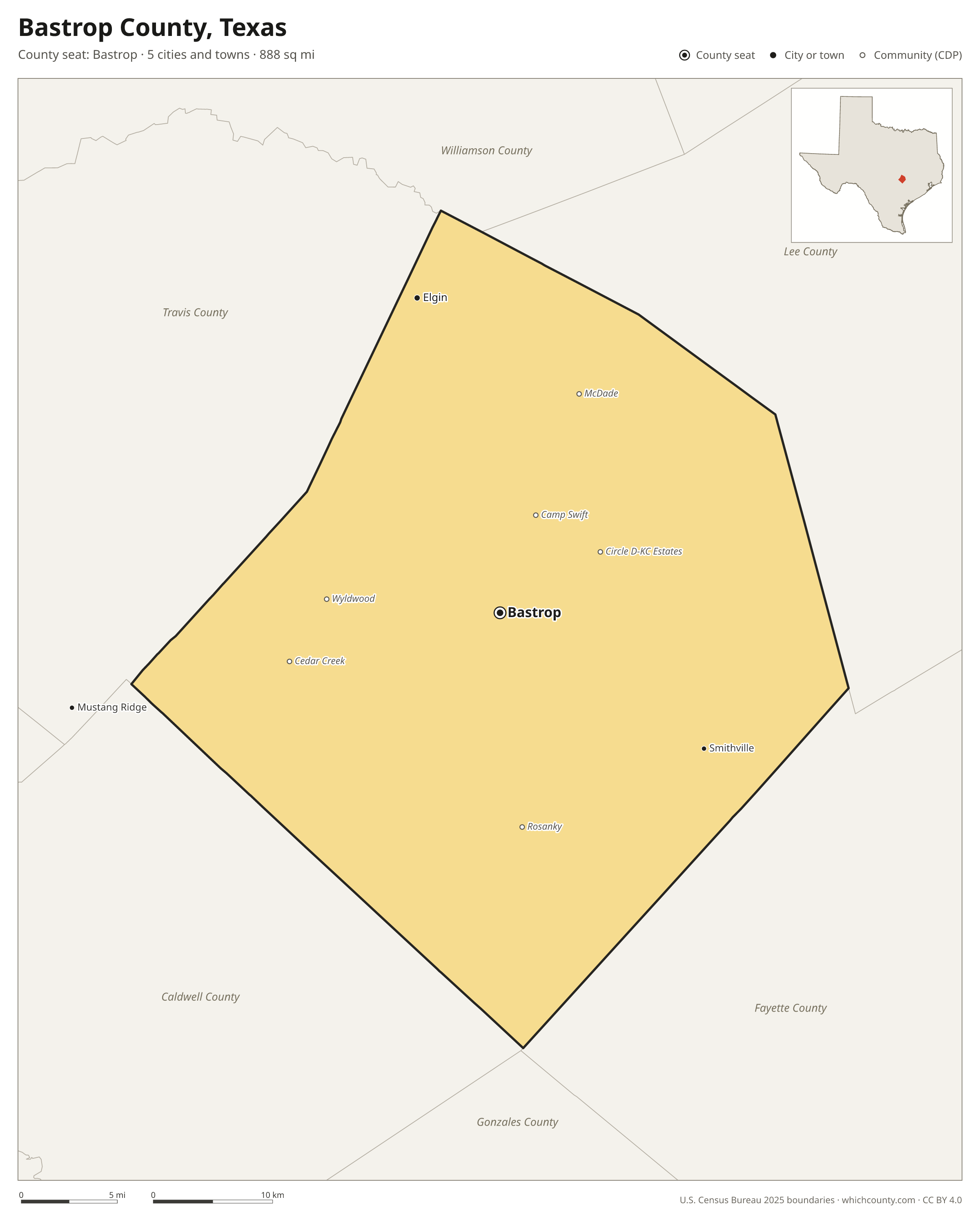 Map of Bastrop County, Texas with cities, towns and the county boundary