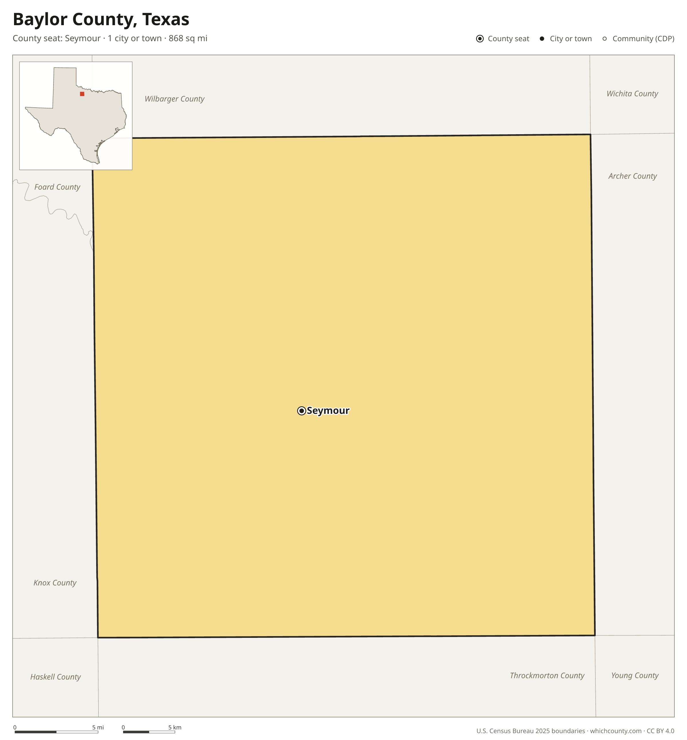 Map of Baylor County, Texas with cities, towns and the county boundary