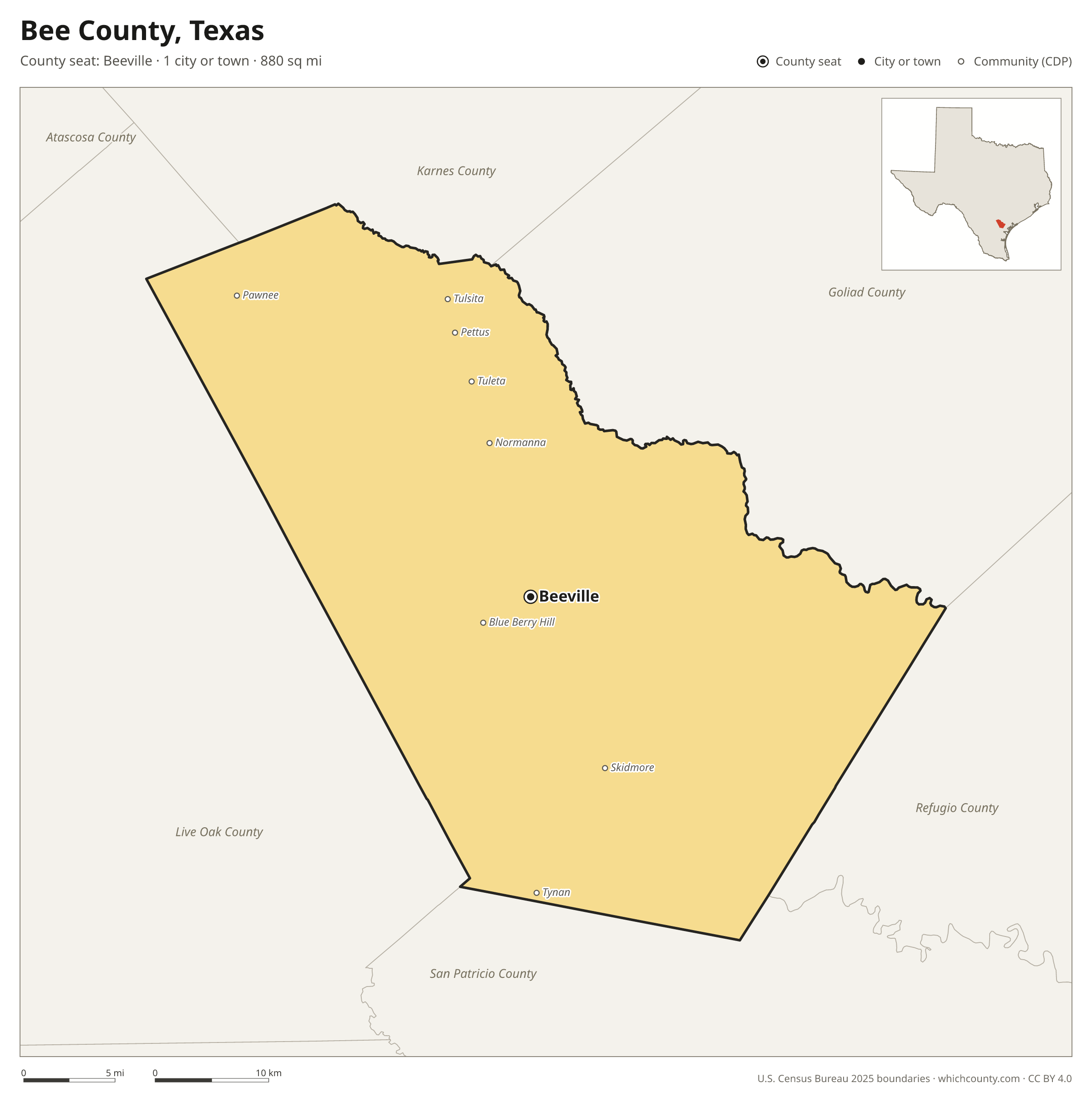 Map of Bee County, Texas with cities, towns and the county boundary