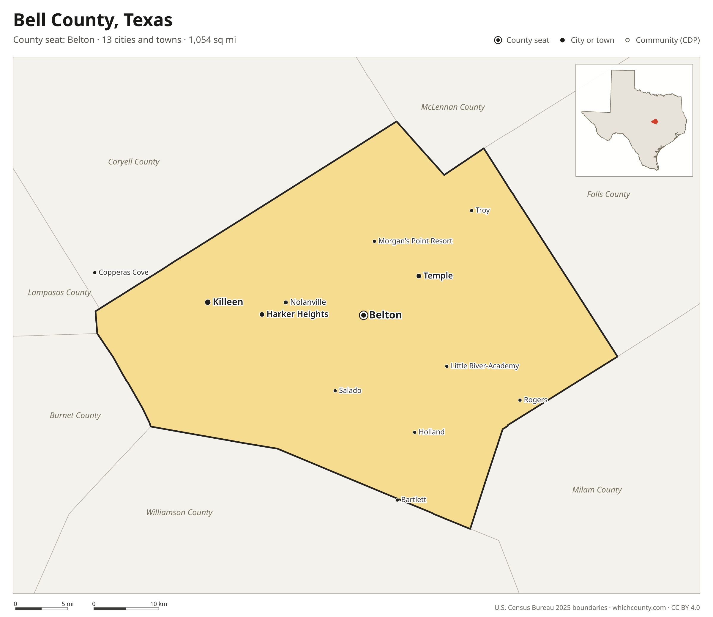 Map of Bell County, Texas with cities, towns and the county boundary