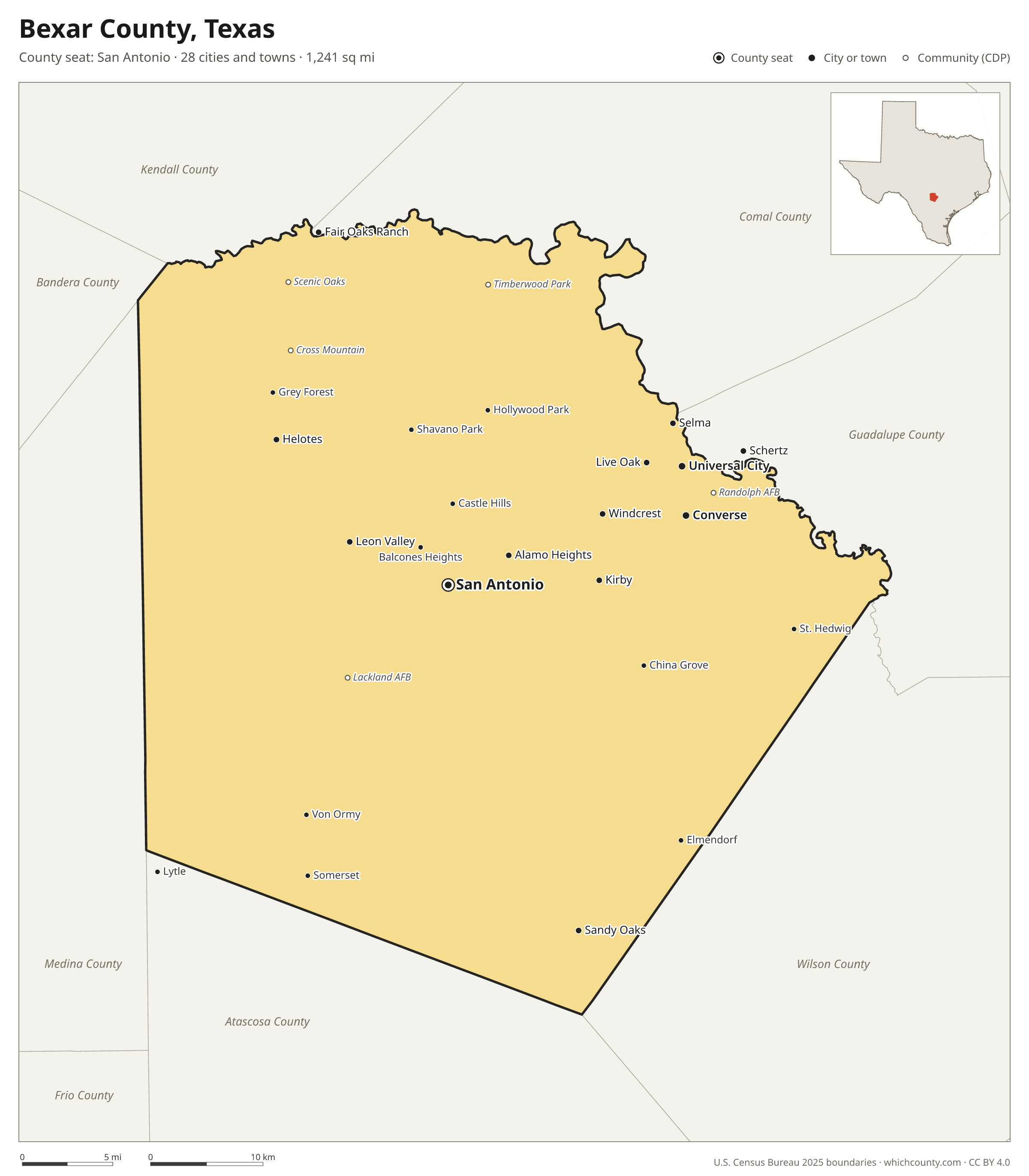 Map of Bexar County, Texas with cities, towns and the county boundary