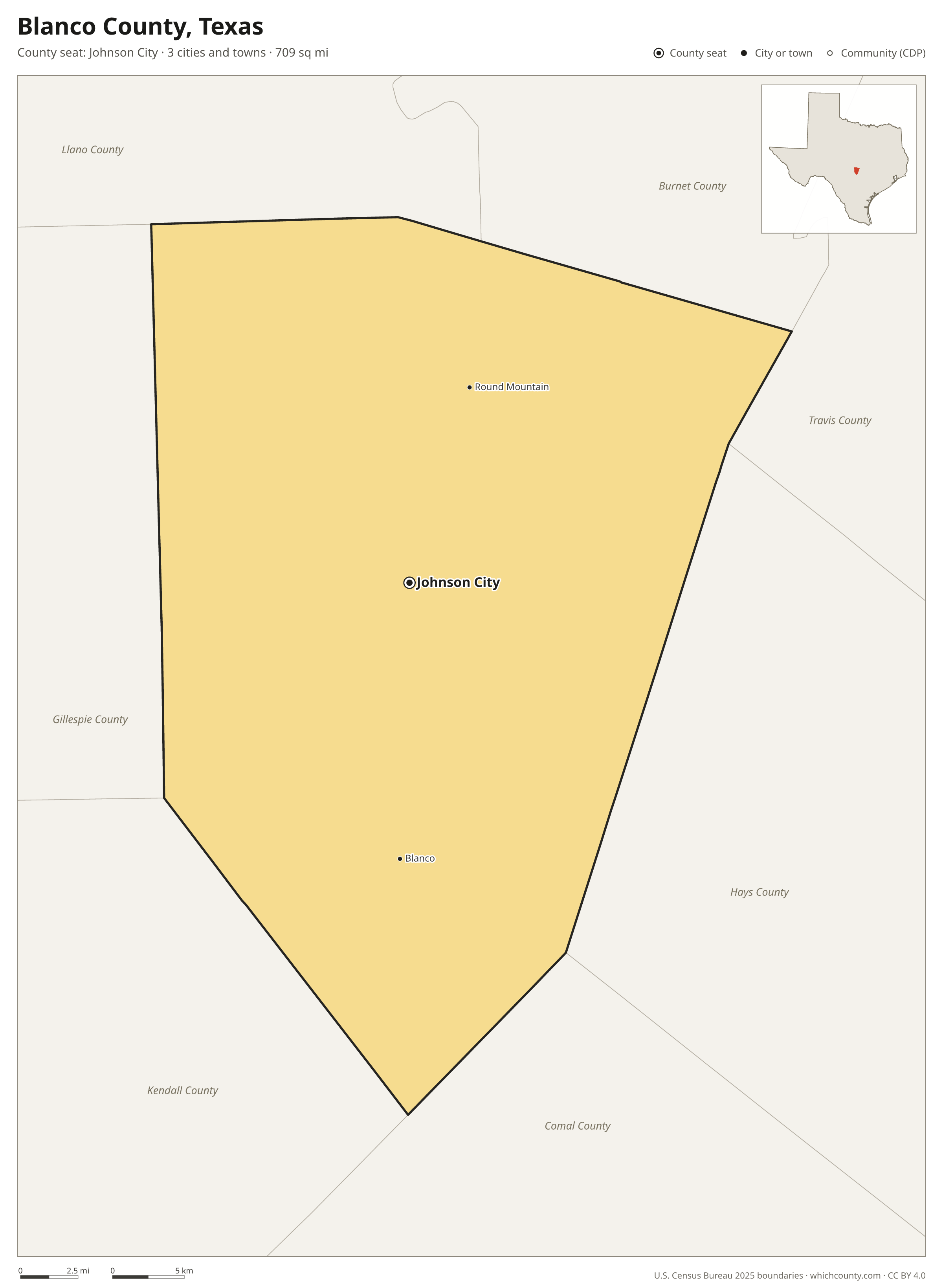 Map of Blanco County, Texas with cities, towns and the county boundary