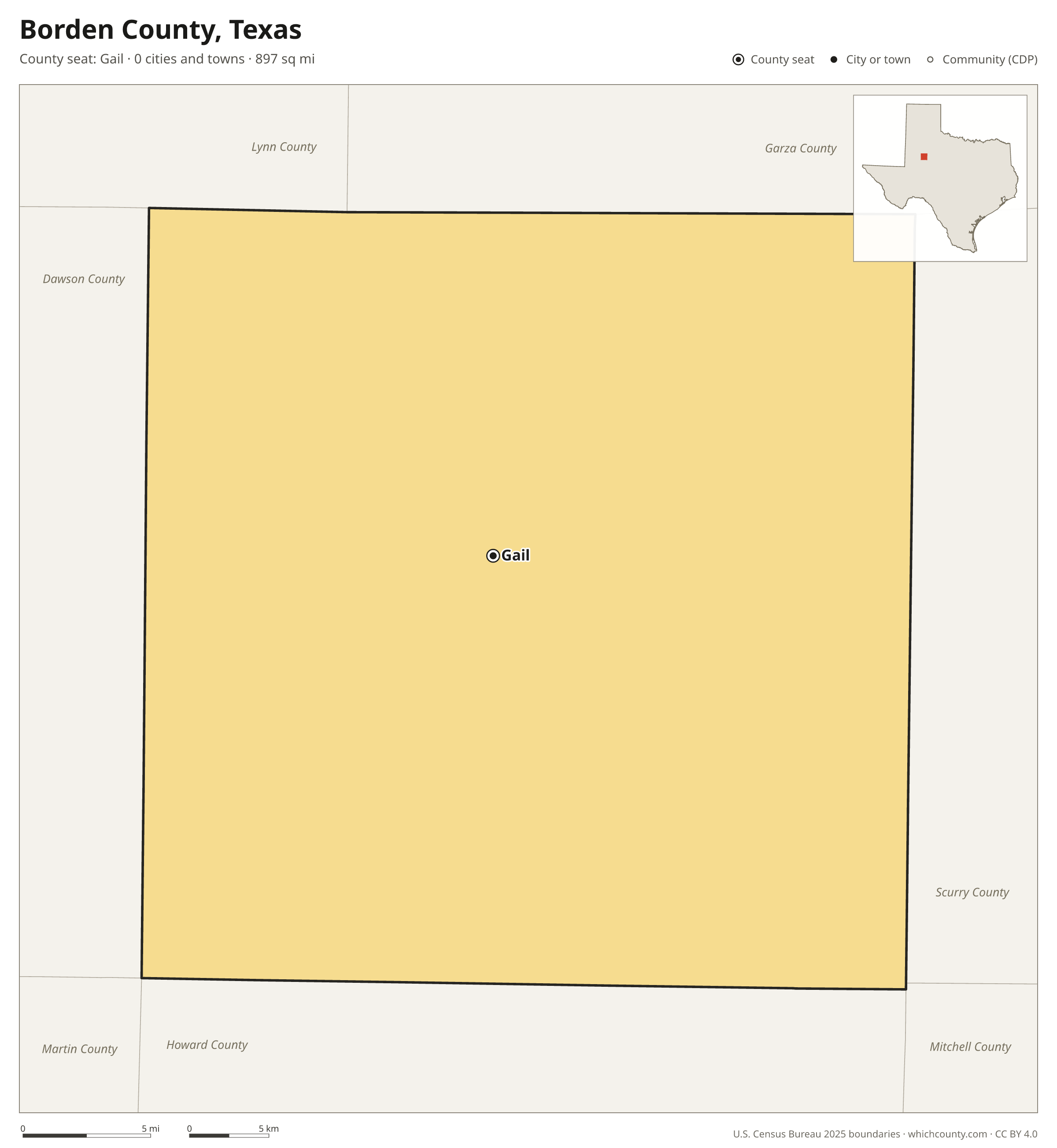 Map of Borden County, Texas with cities, towns and the county boundary