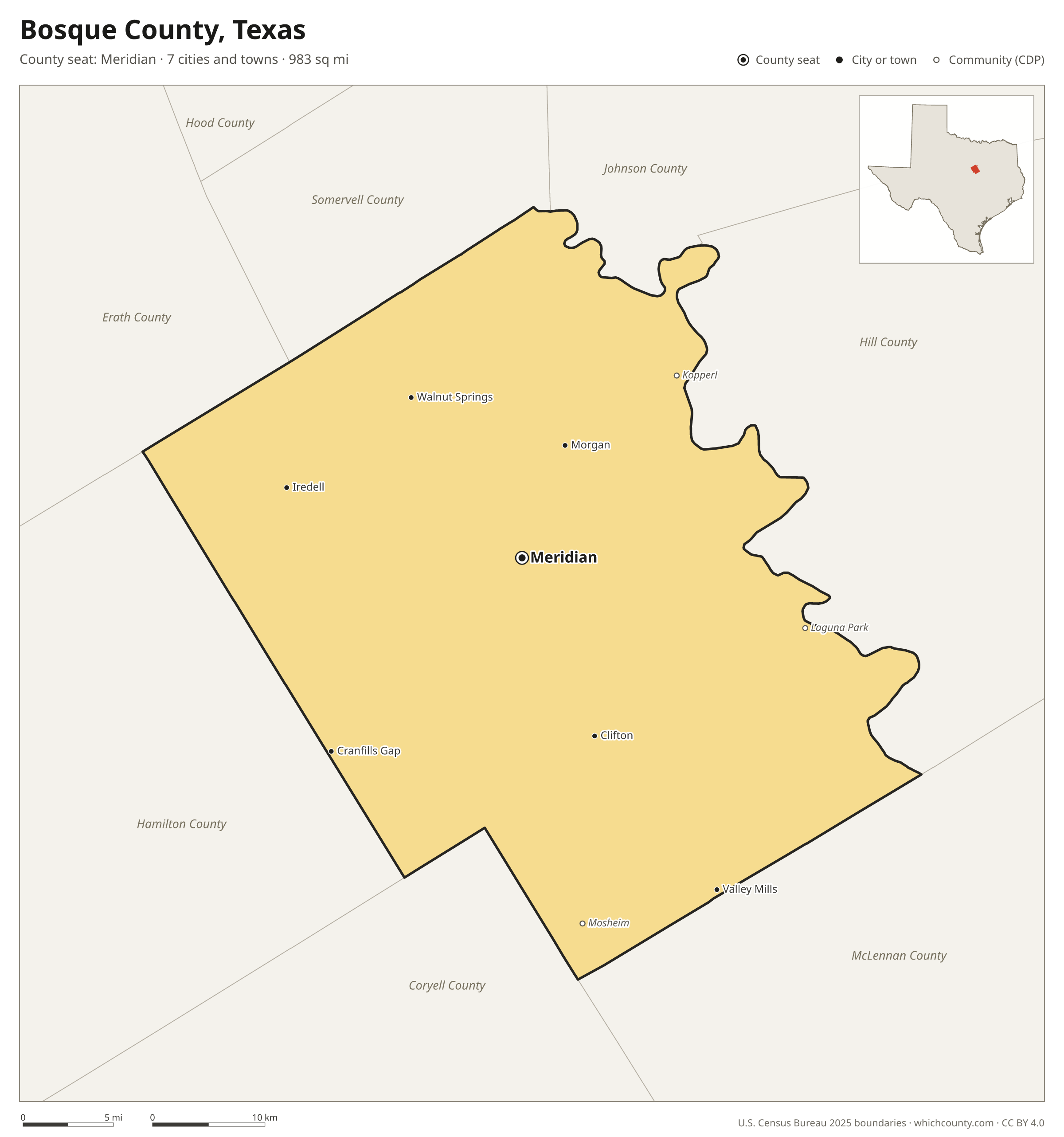 Map of Bosque County, Texas with cities, towns and the county boundary