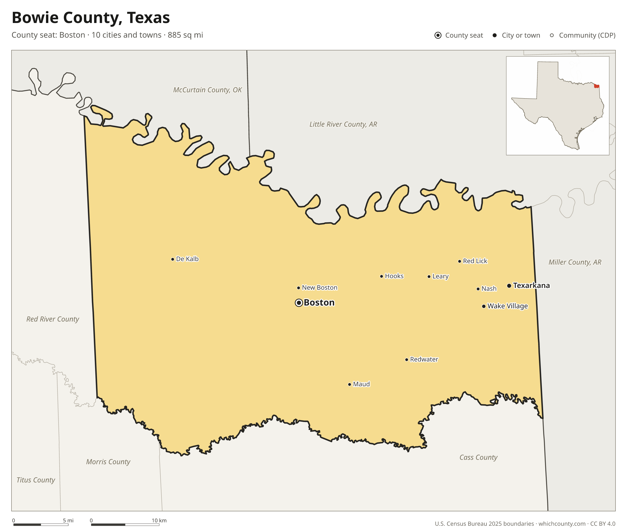 Map of Bowie County, Texas with cities, towns and the county boundary