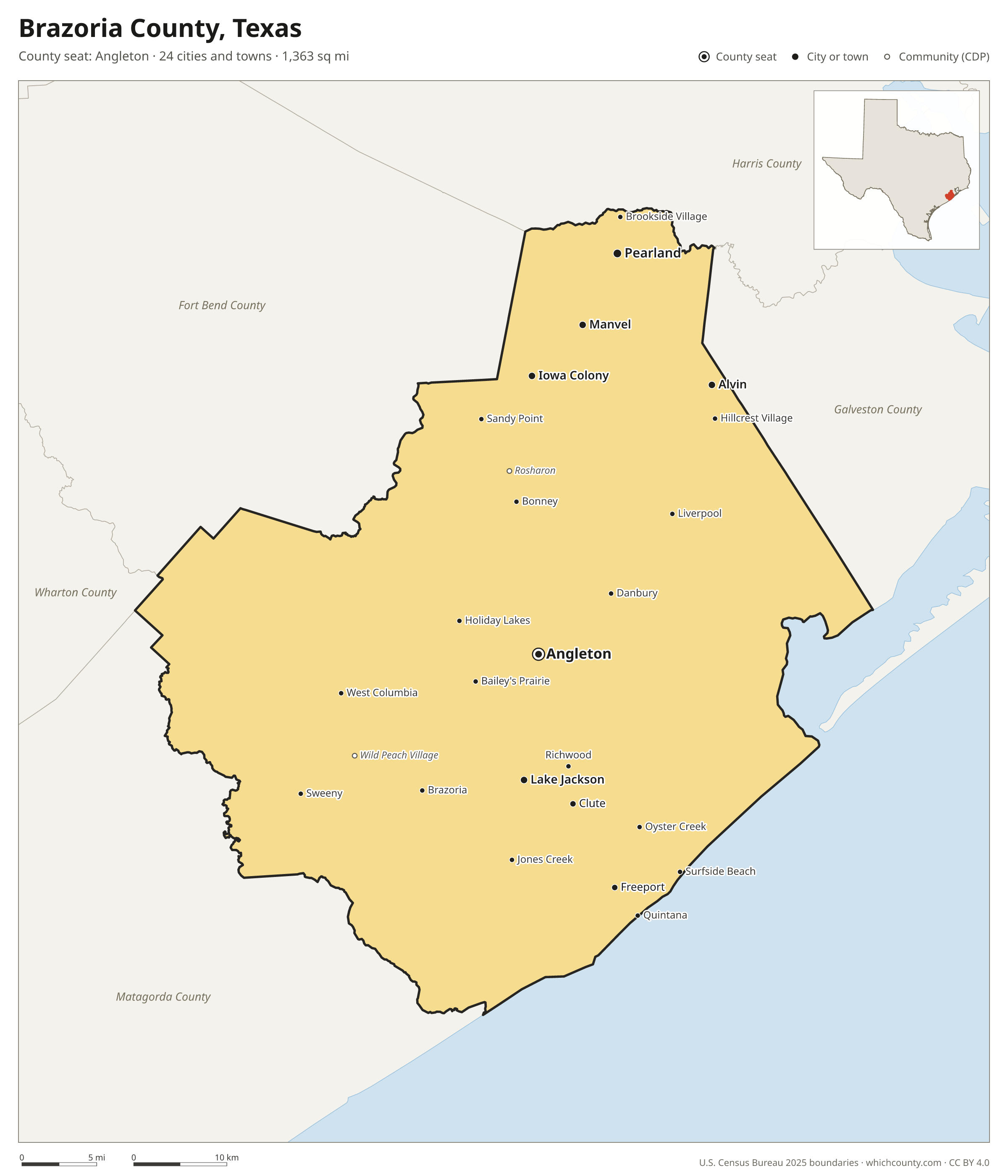 Map of Brazoria County, Texas with cities, towns and the county boundary