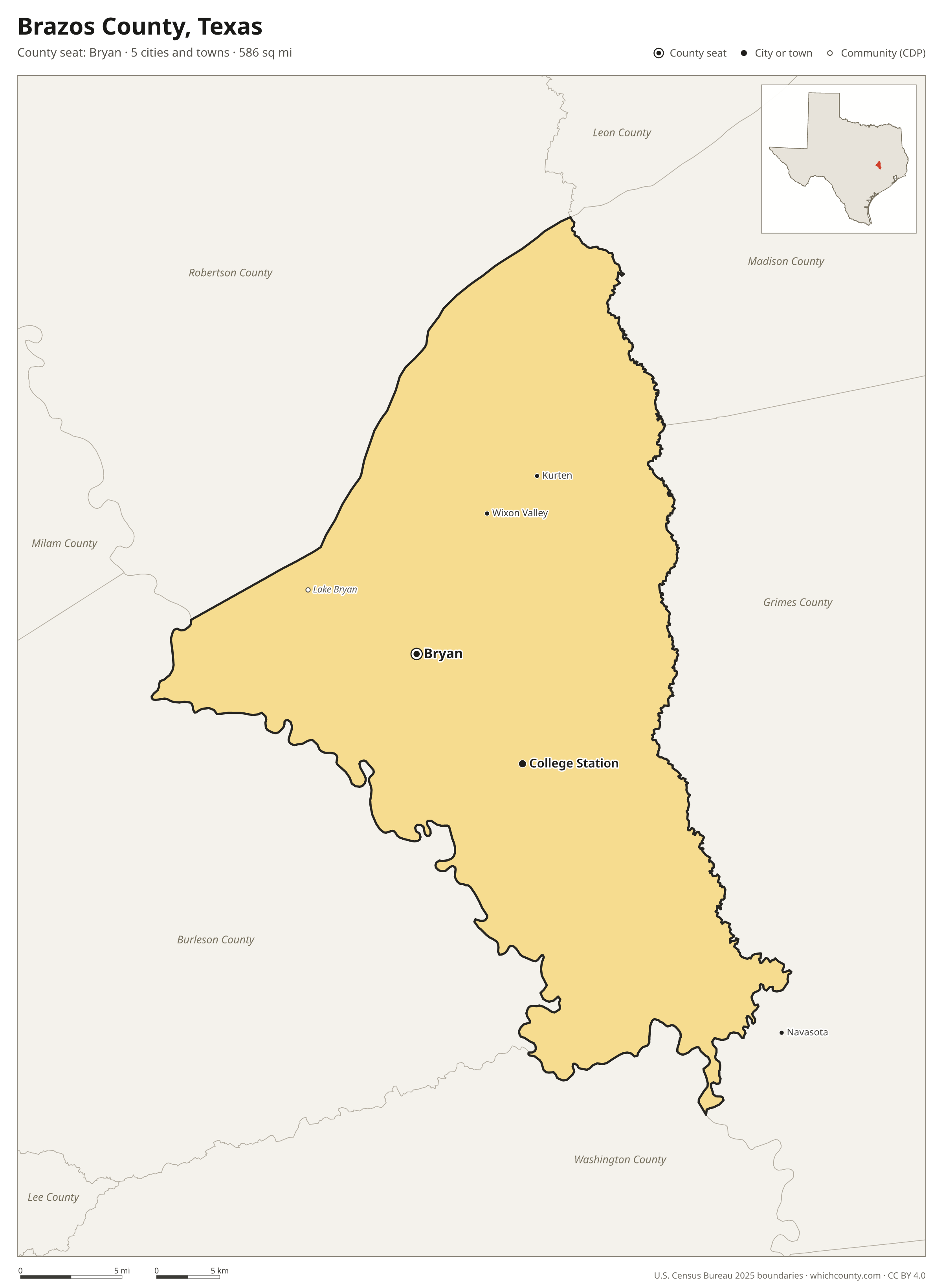 Map of Brazos County, Texas with cities, towns and the county boundary