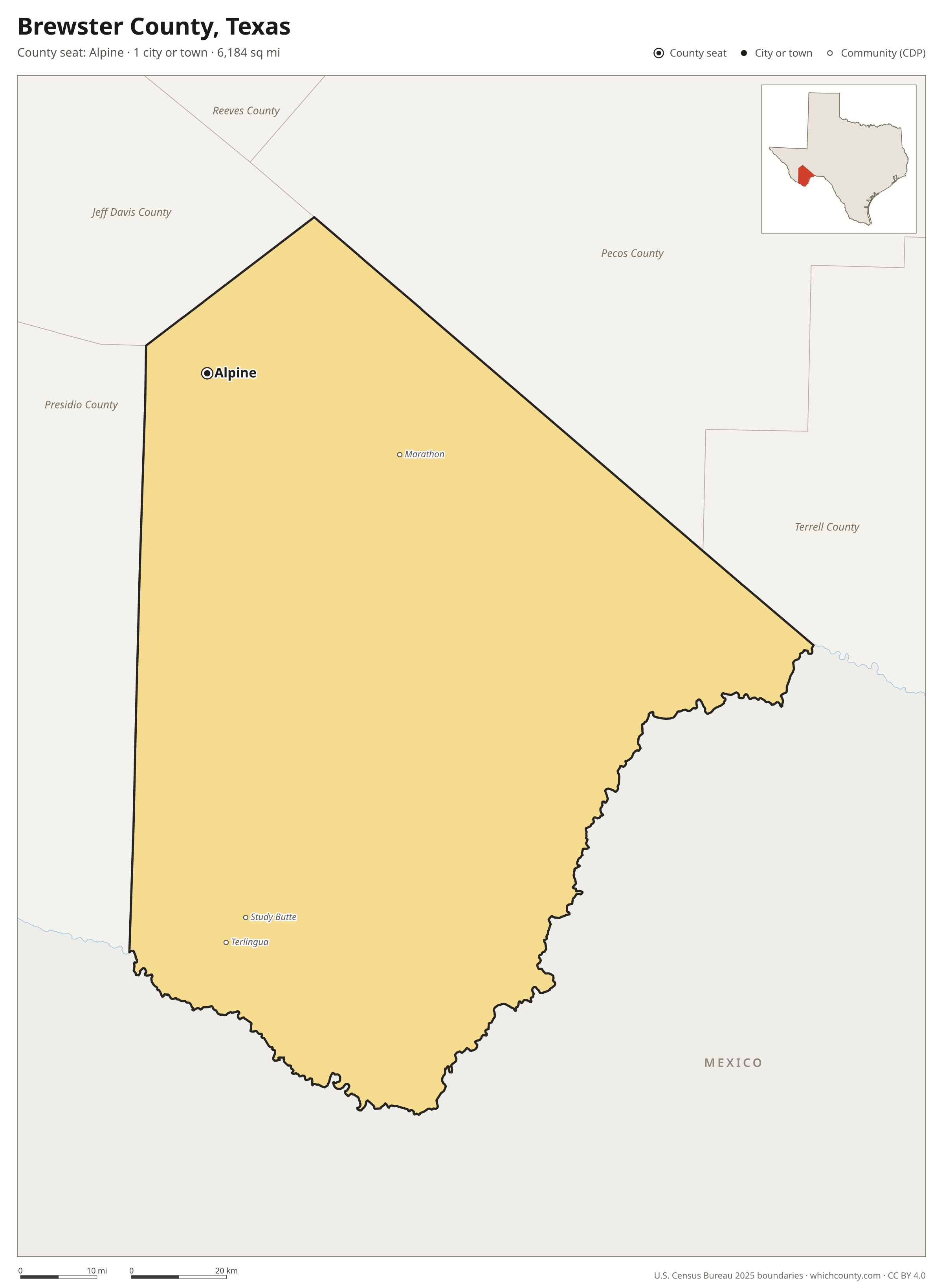 Map of Brewster County, Texas with cities, towns and the county boundary