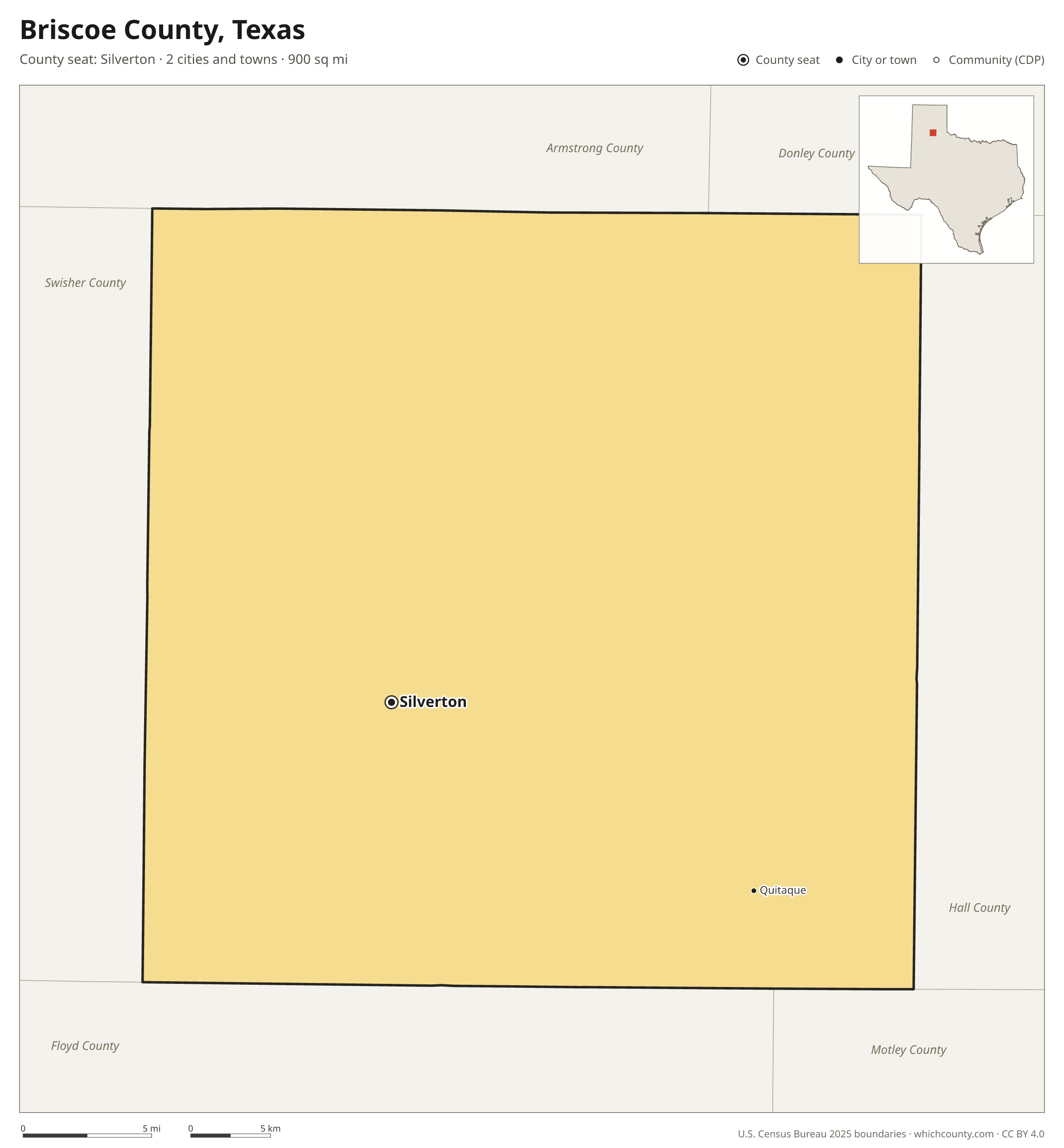 Map of Briscoe County, Texas with cities, towns and the county boundary