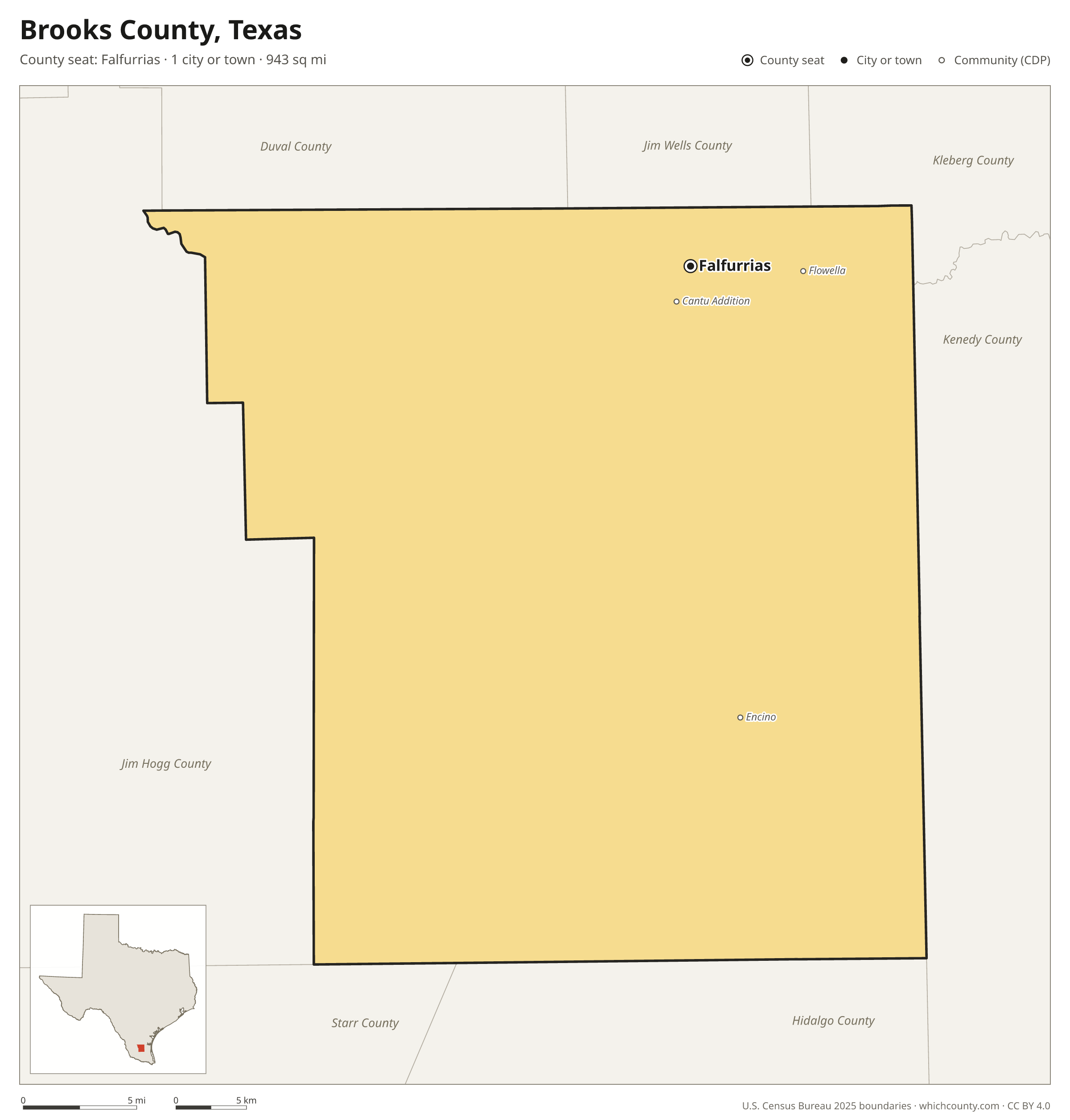 Map of Brooks County, Texas with cities, towns and the county boundary