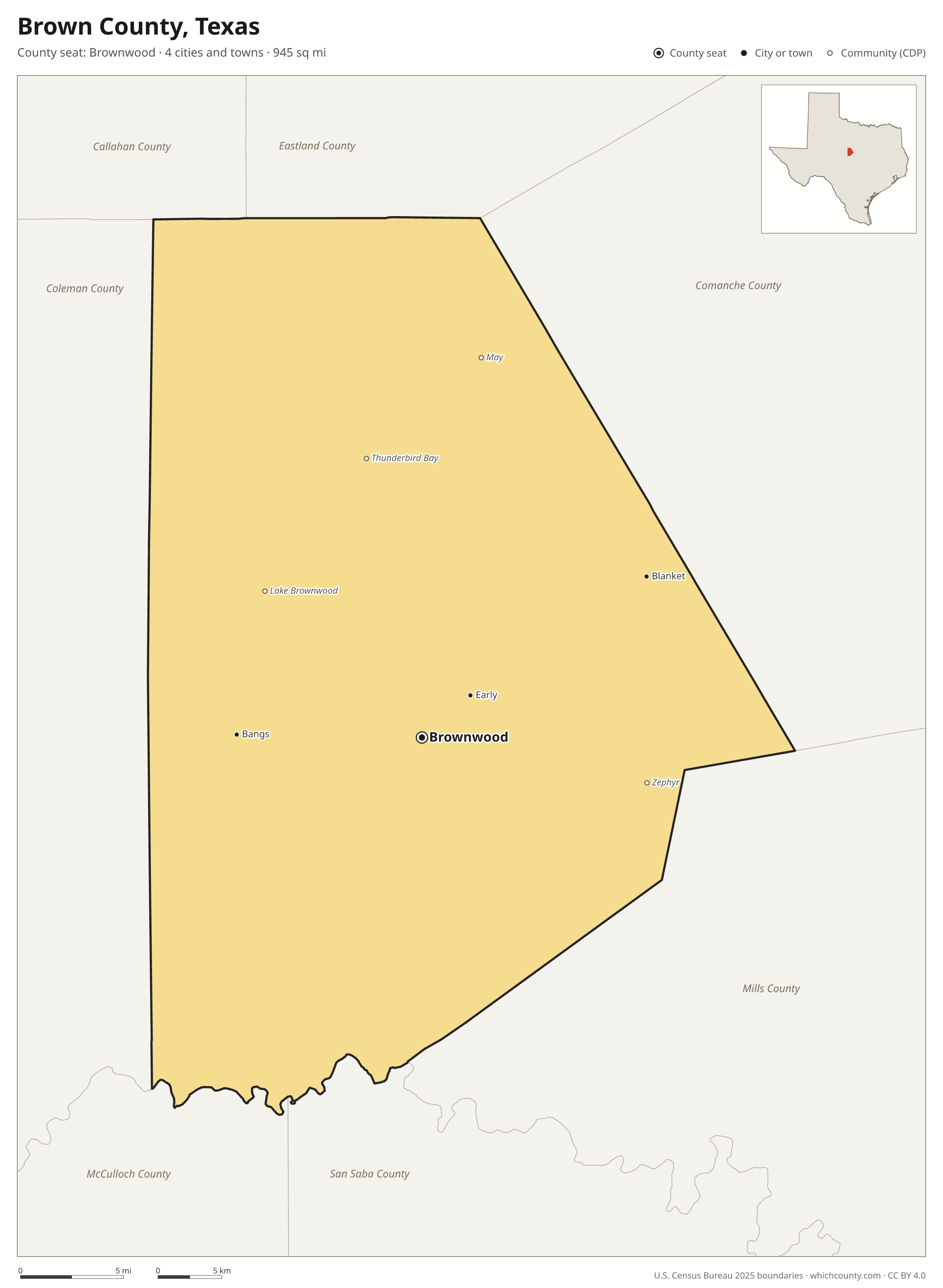 Map of Brown County, Texas with cities, towns and the county boundary