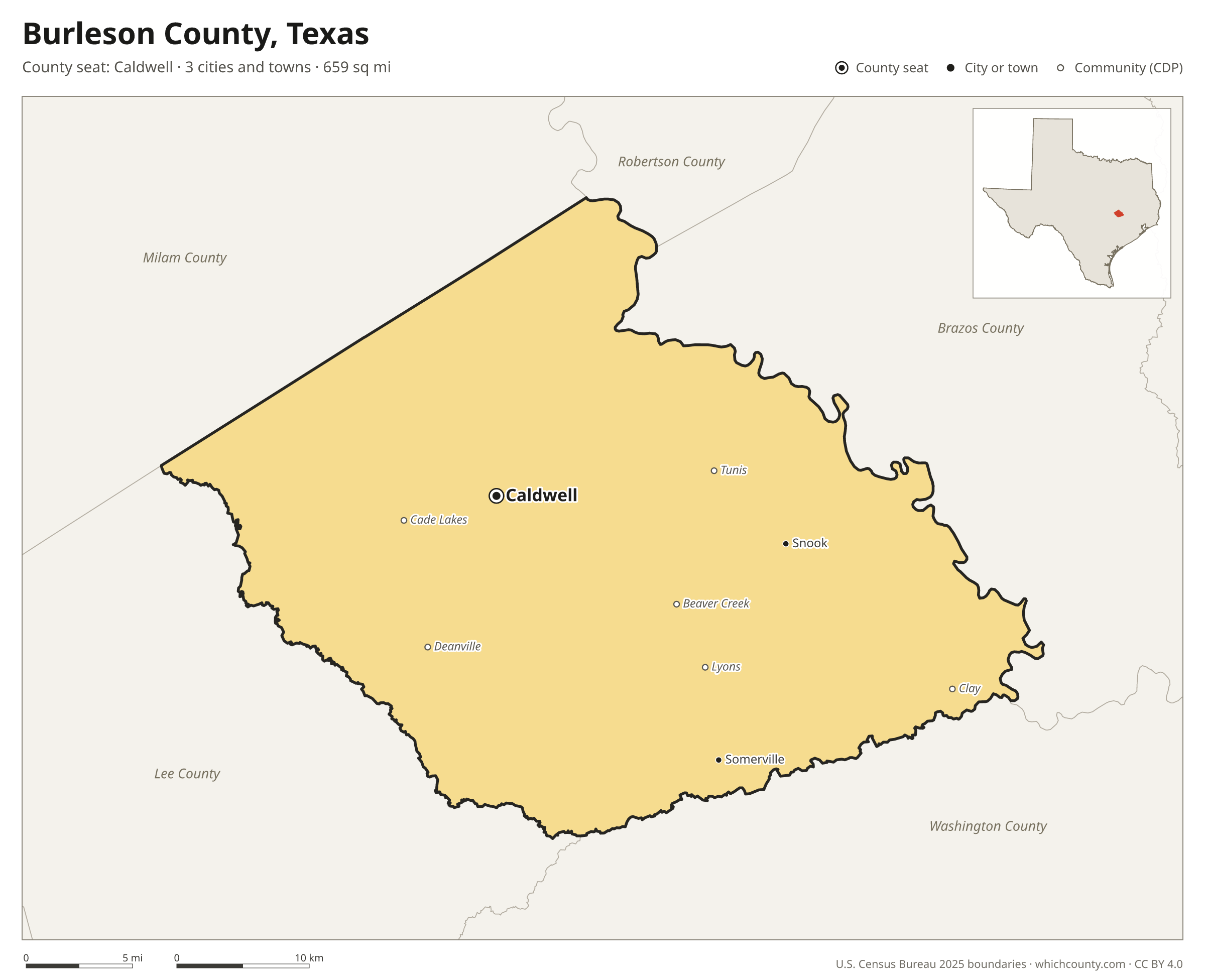 Map of Burleson County, Texas with cities, towns and the county boundary
