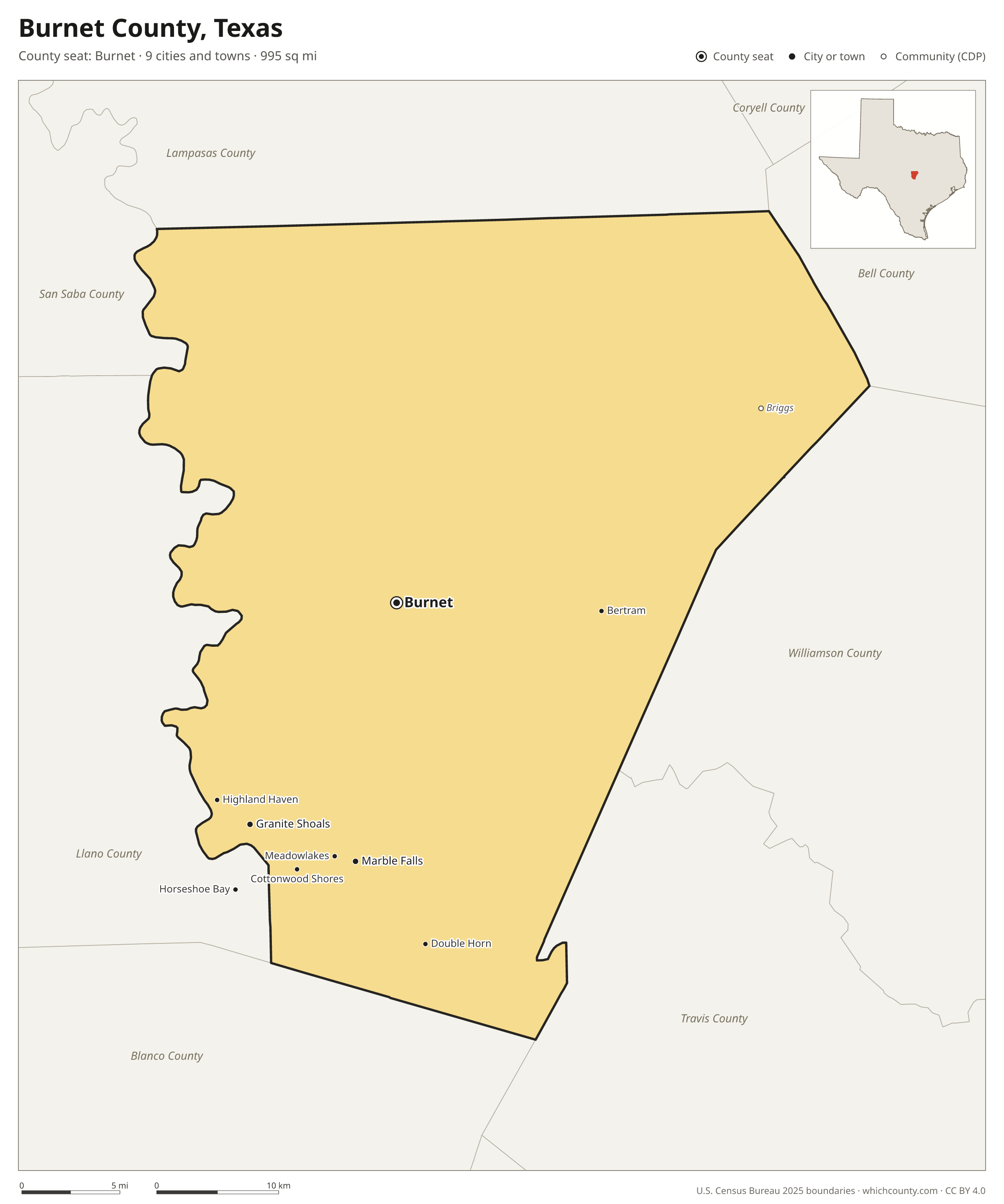 Map of Burnet County, Texas with cities, towns and the county boundary