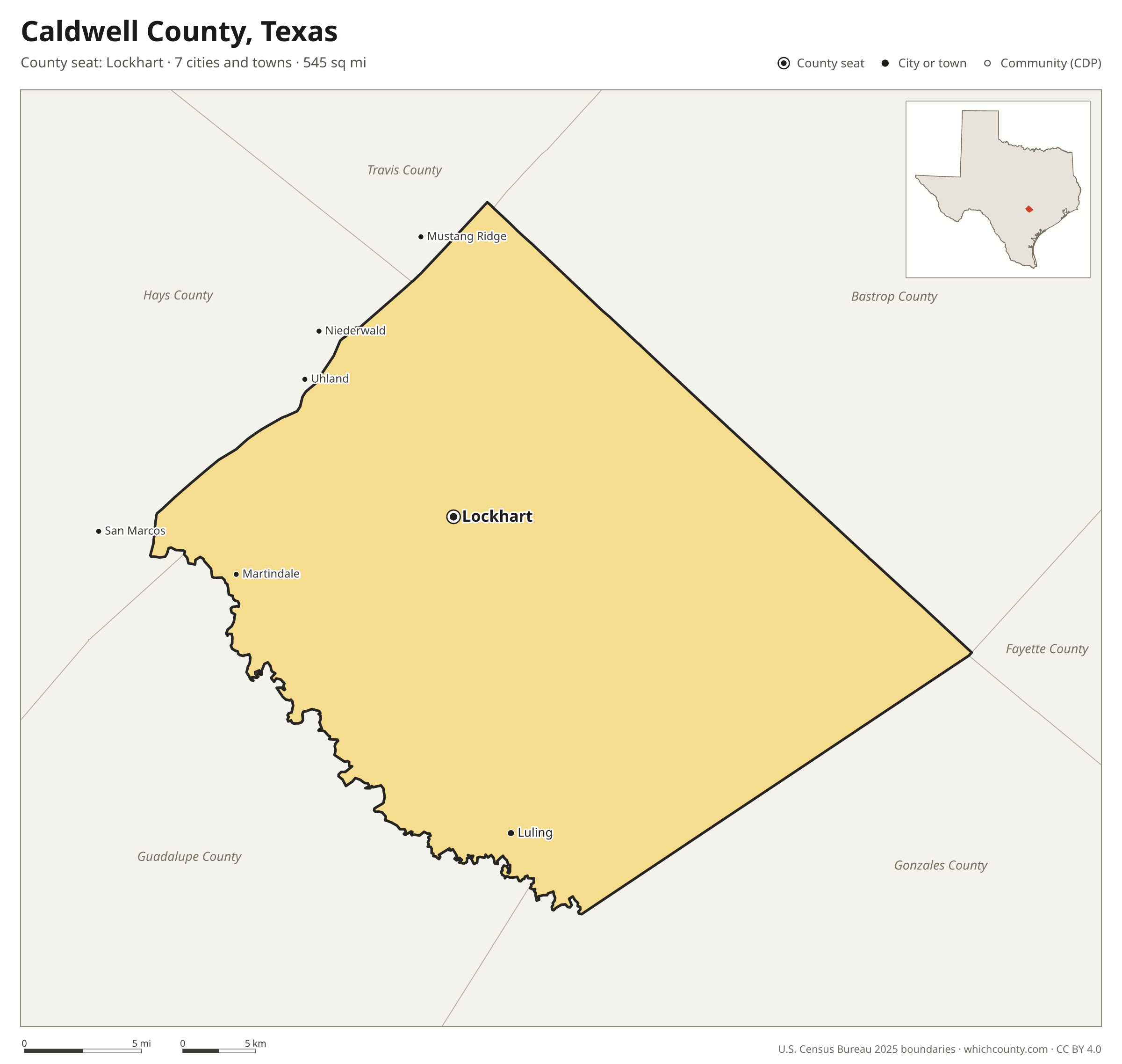 Map of Caldwell County, Texas with cities, towns and the county boundary