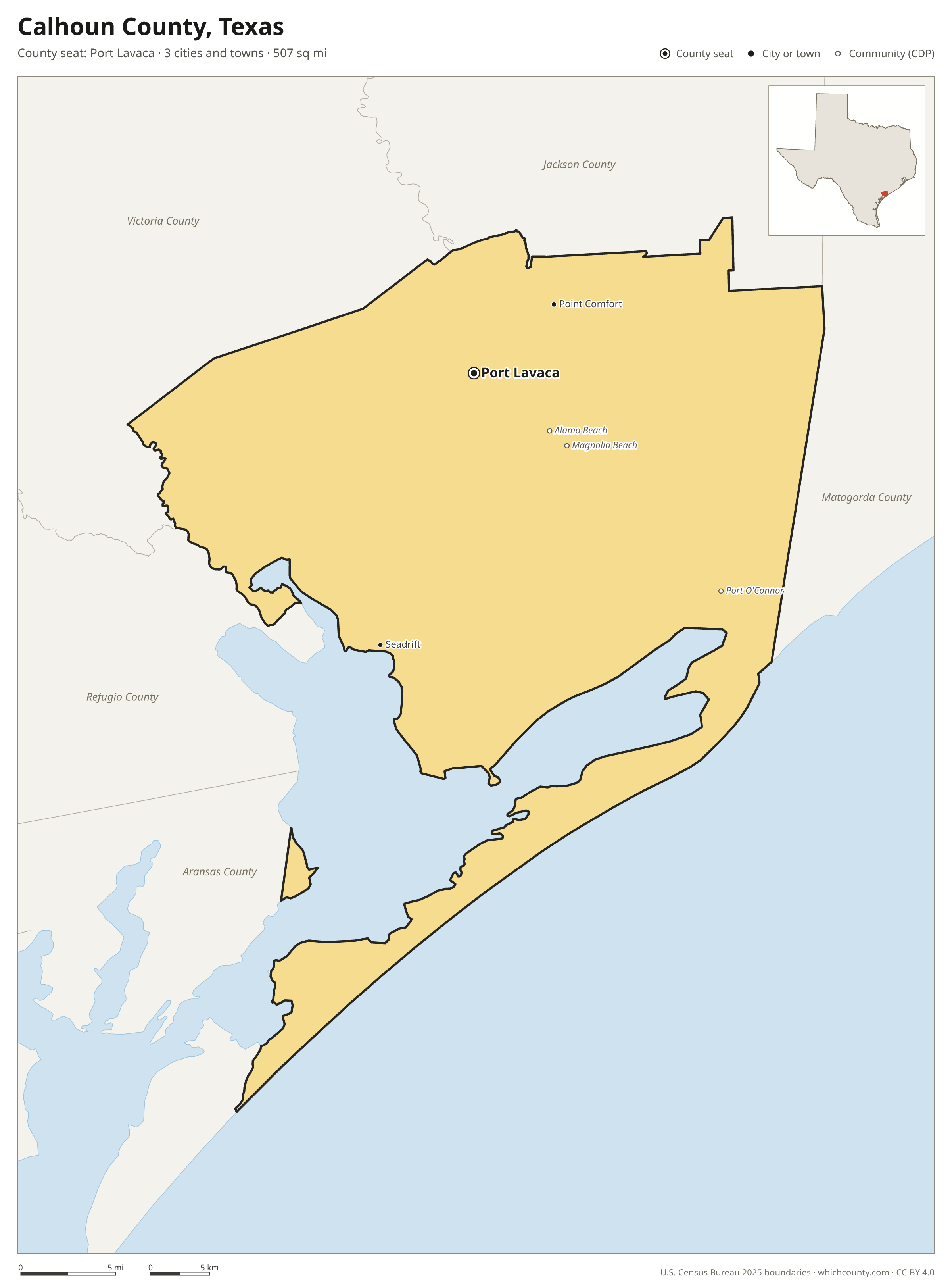 Map of Calhoun County, Texas with cities, towns and the county boundary