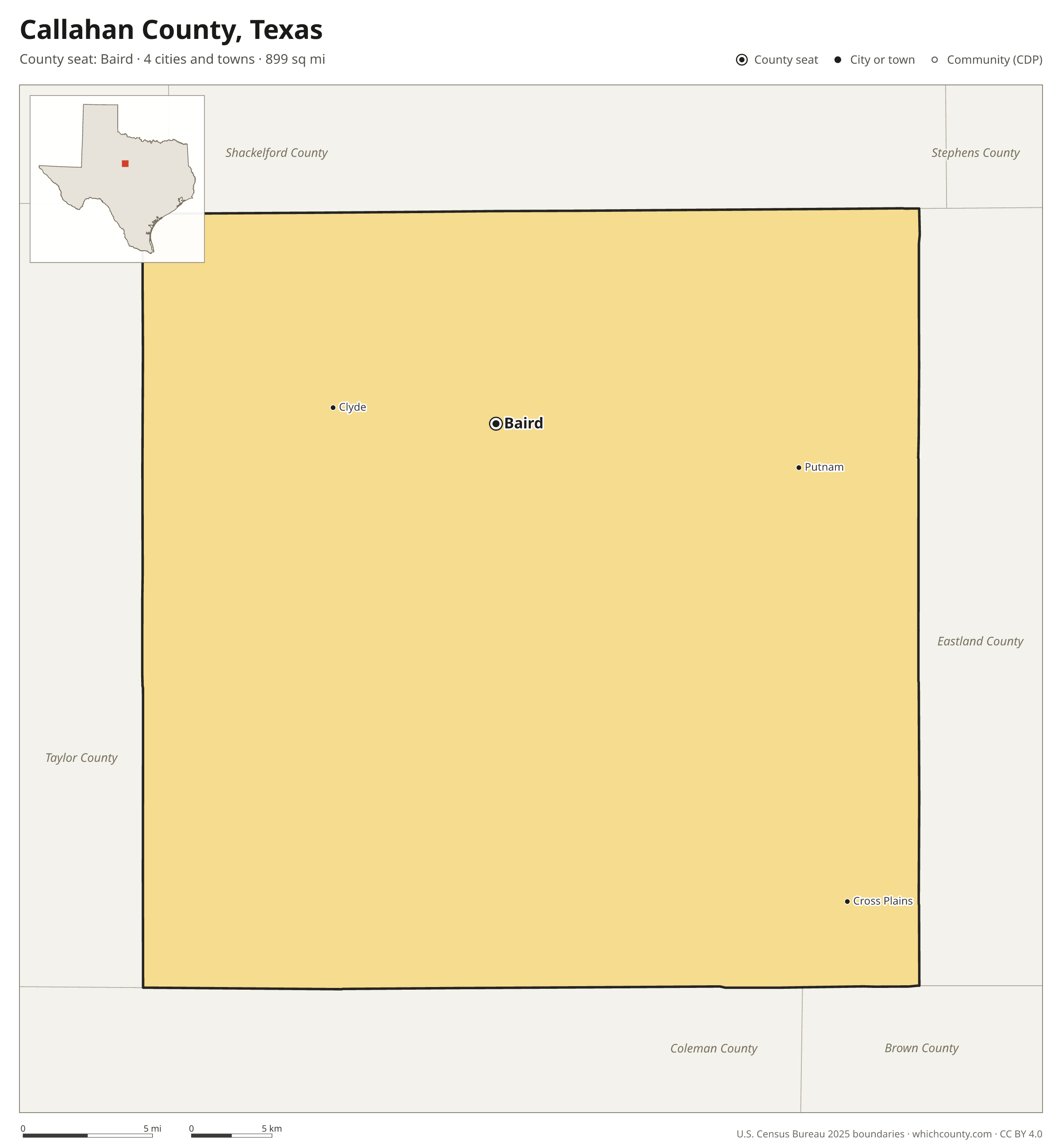 Map of Callahan County, Texas with cities, towns and the county boundary