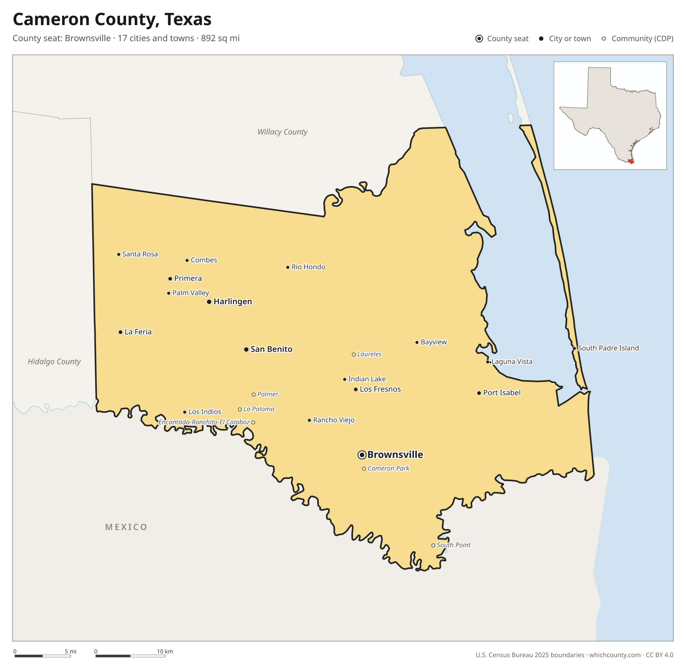 Map of Cameron County, Texas with cities, towns and the county boundary