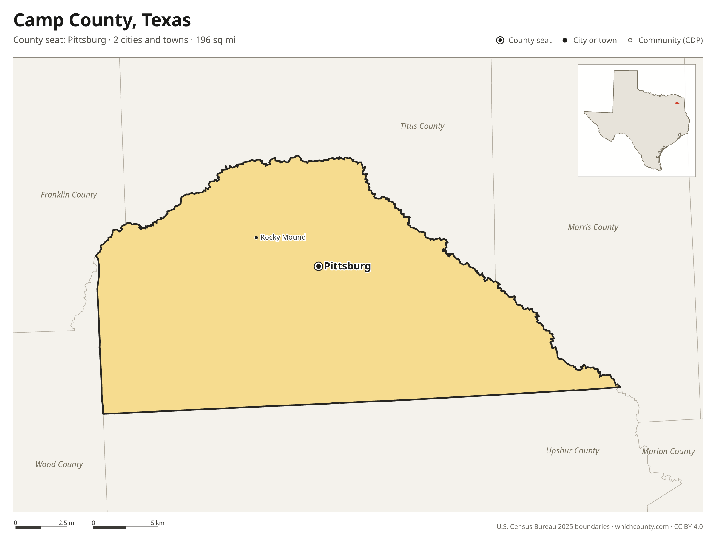 Map of Camp County, Texas with cities, towns and the county boundary
