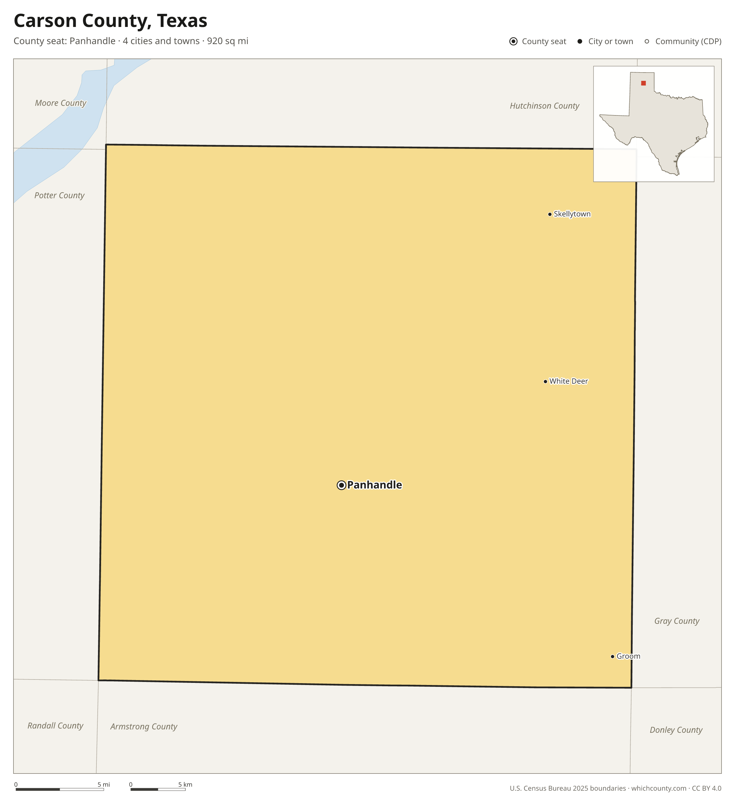 Map of Carson County, Texas with cities, towns and the county boundary