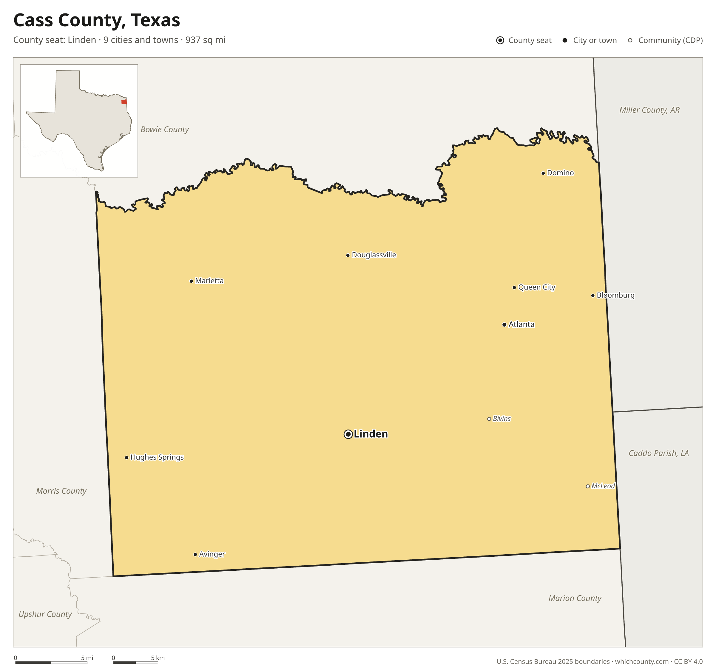 Map of Cass County, Texas with cities, towns and the county boundary
