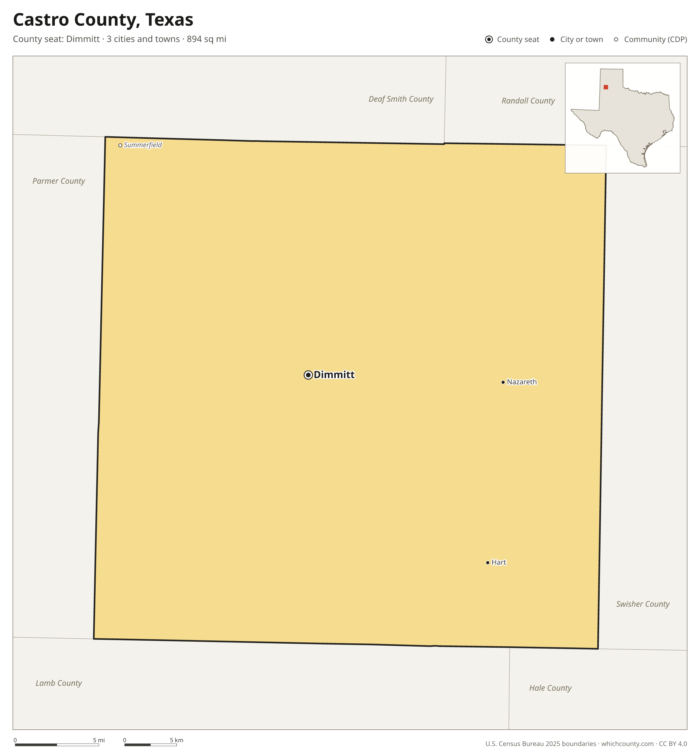 Map of Castro County, Texas with cities, towns and the county boundary