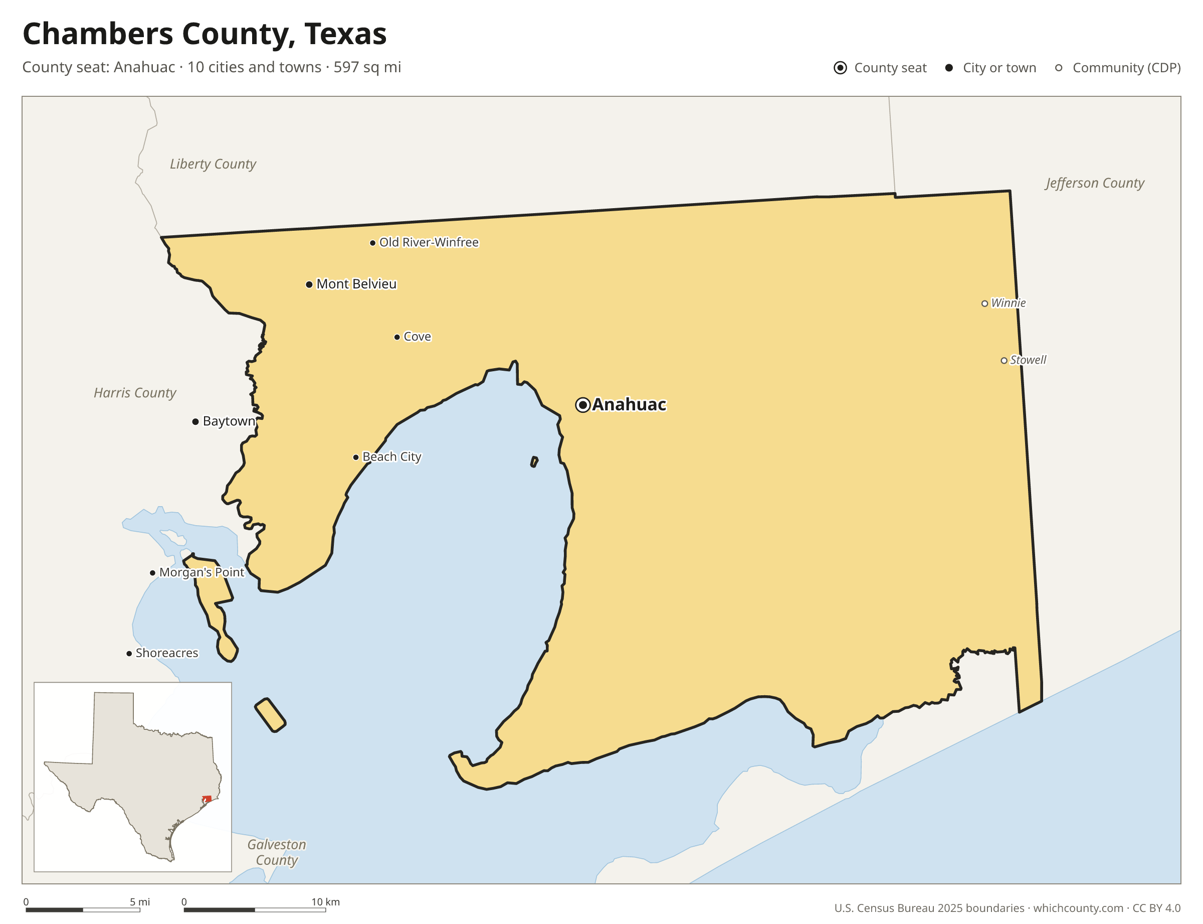 Map of Chambers County, Texas with cities, towns and the county boundary