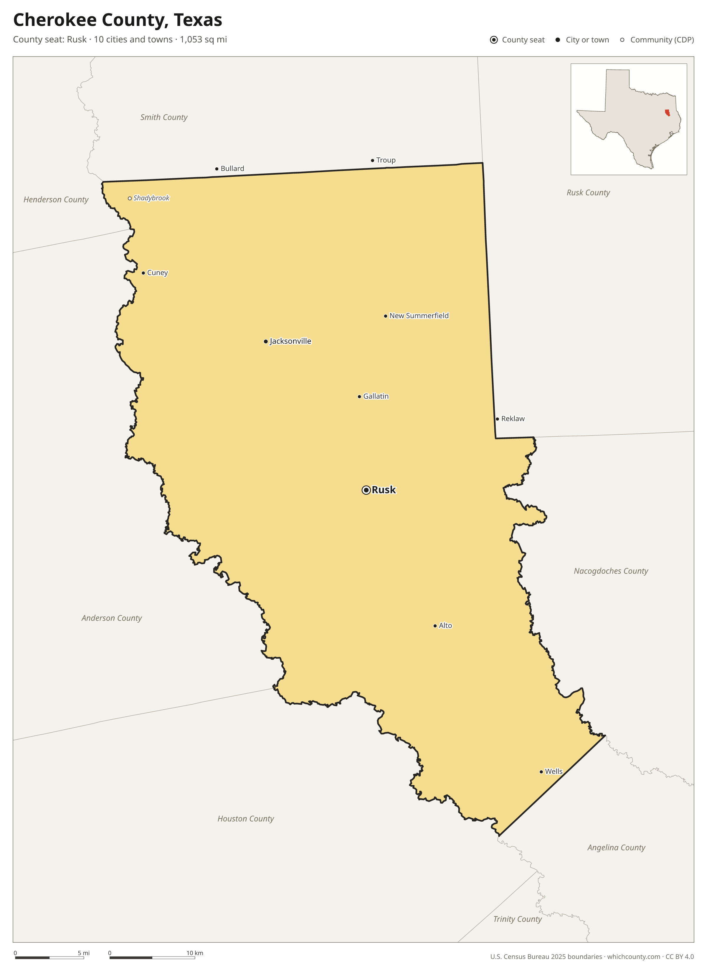 Map of Cherokee County, Texas with cities, towns and the county boundary