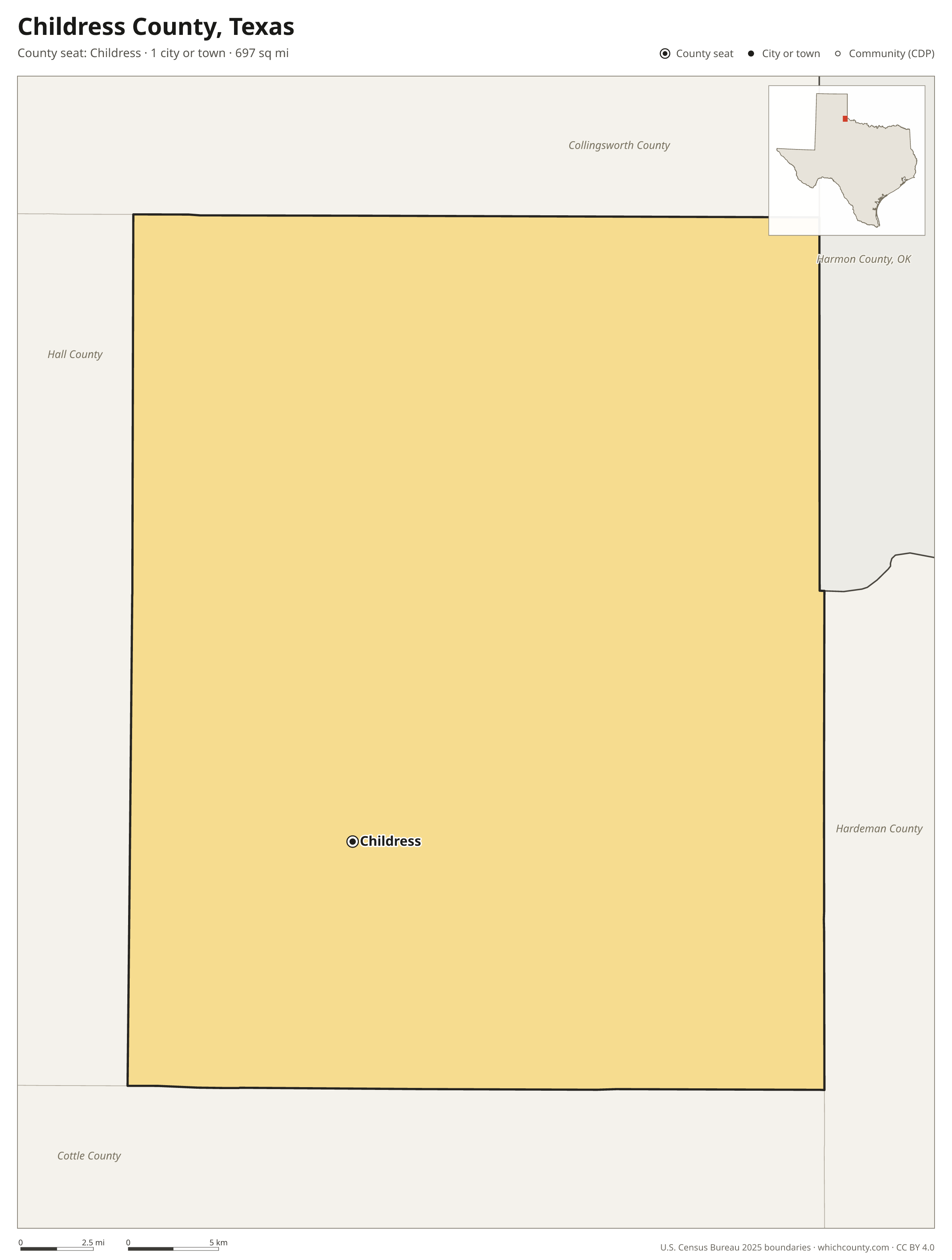 Map of Childress County, Texas with cities, towns and the county boundary