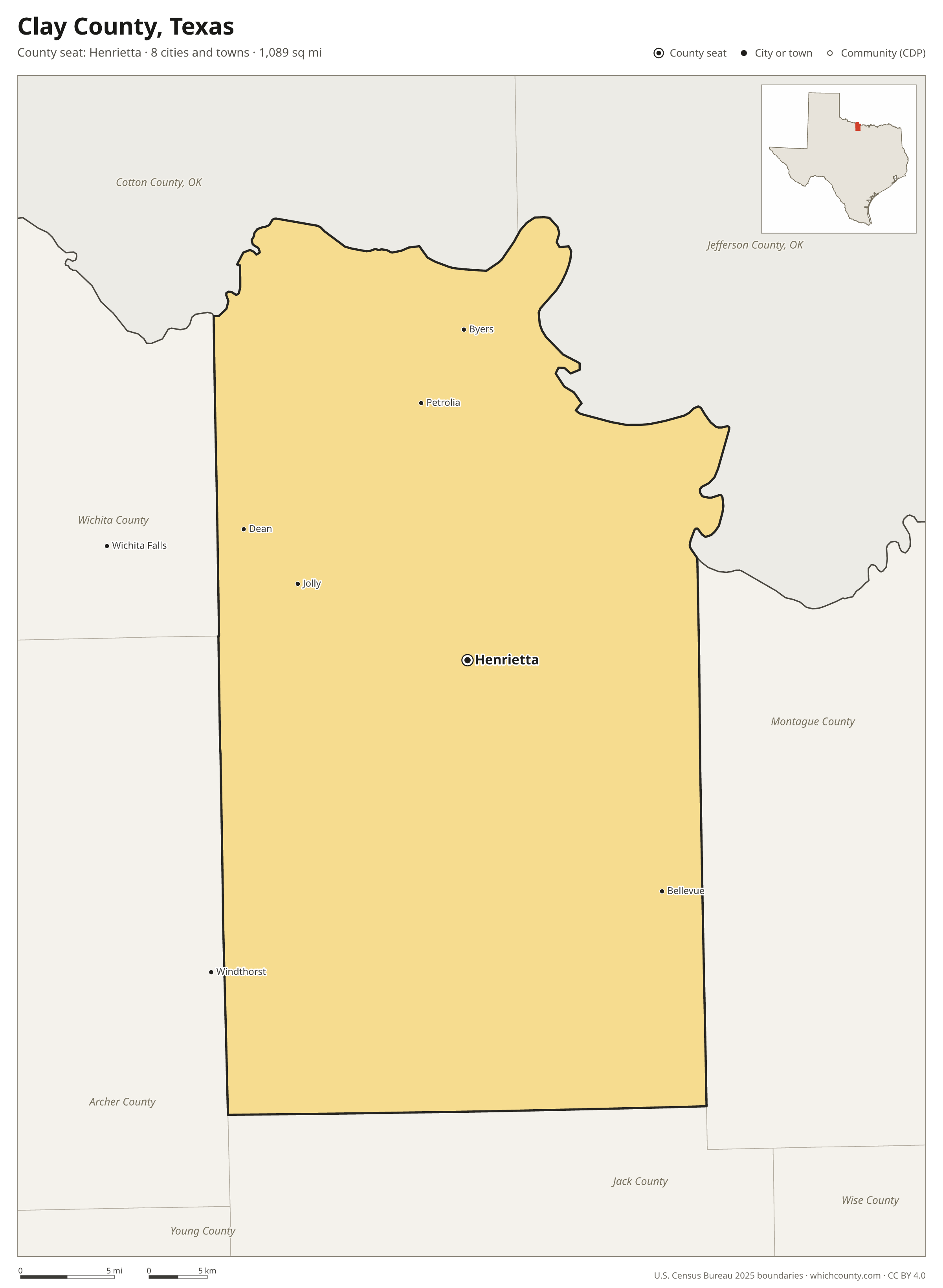 Map of Clay County, Texas with cities, towns and the county boundary