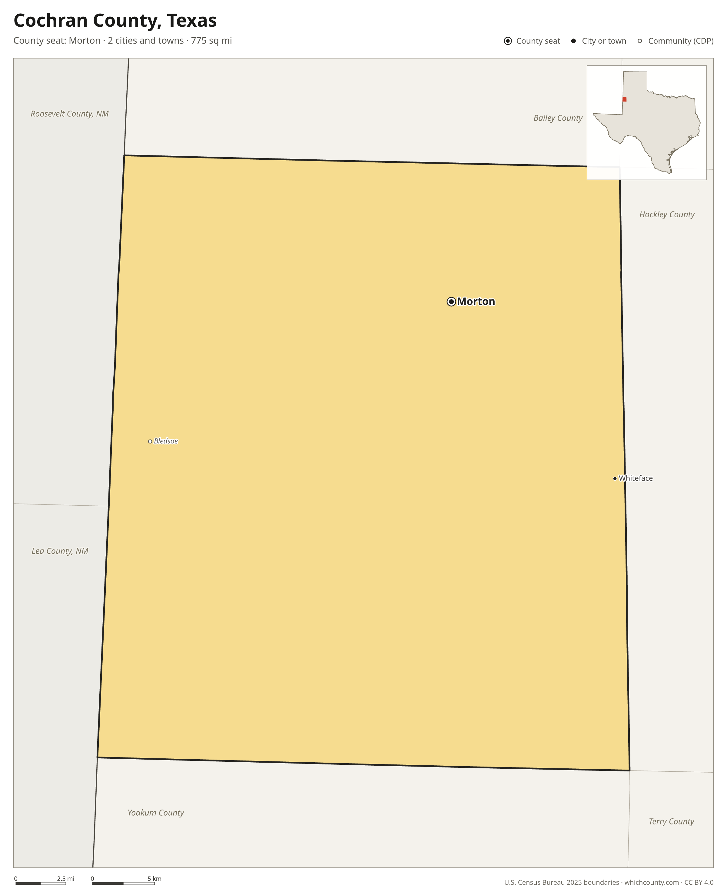 Map of Cochran County, Texas with cities, towns and the county boundary