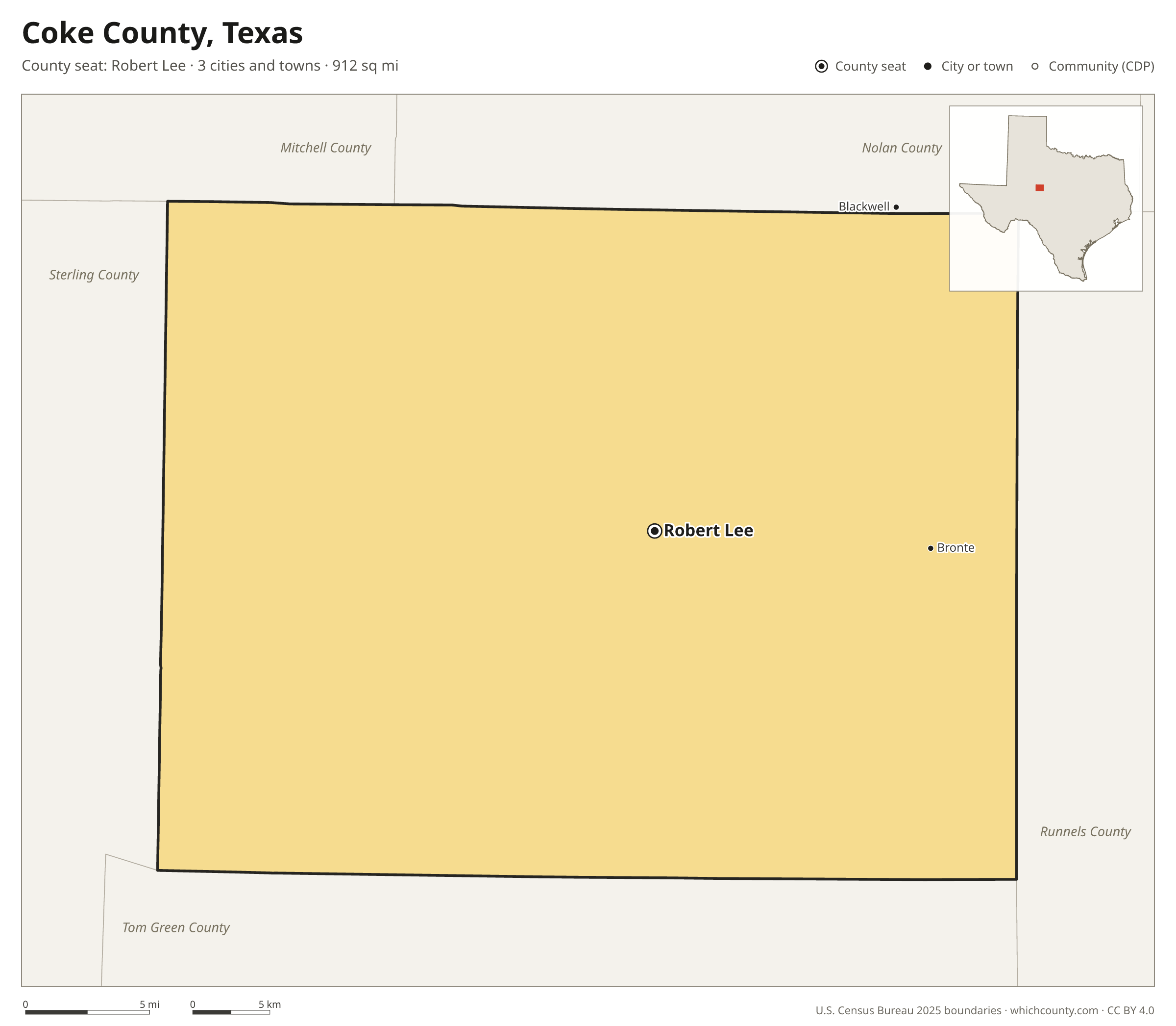 Map of Coke County, Texas with cities, towns and the county boundary