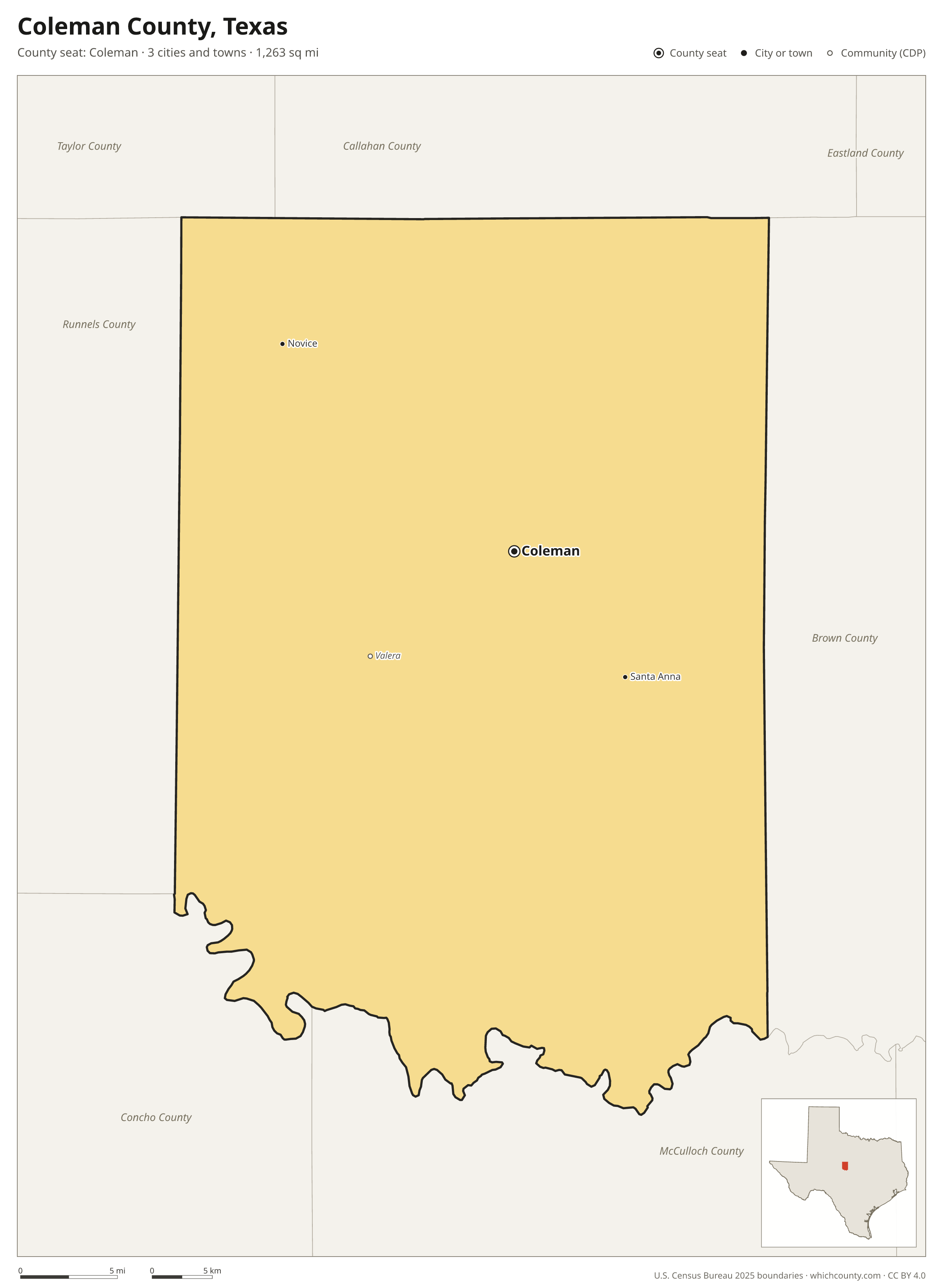 Map of Coleman County, Texas with cities, towns and the county boundary
