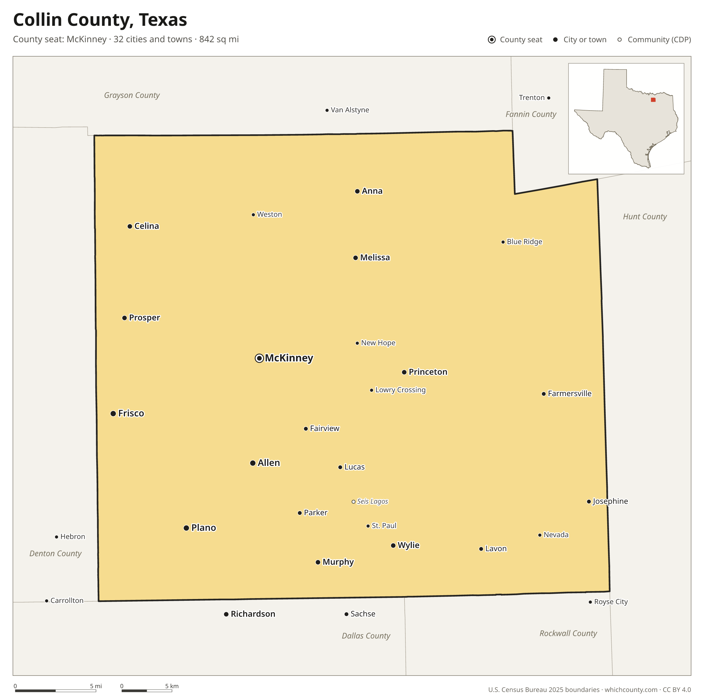 Map of Collin County, Texas with cities, towns and the county boundary