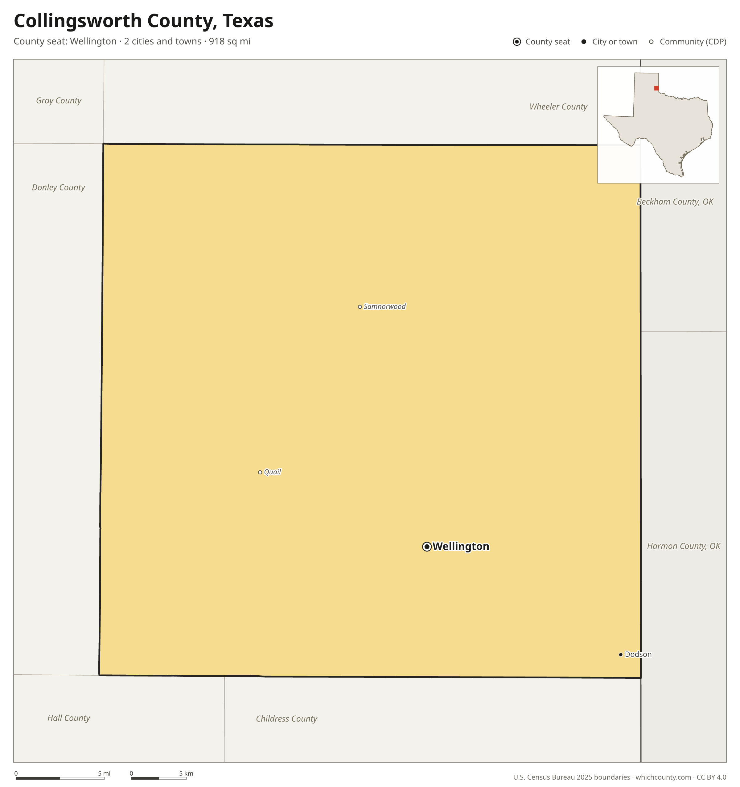 Map of Collingsworth County, Texas with cities, towns and the county boundary