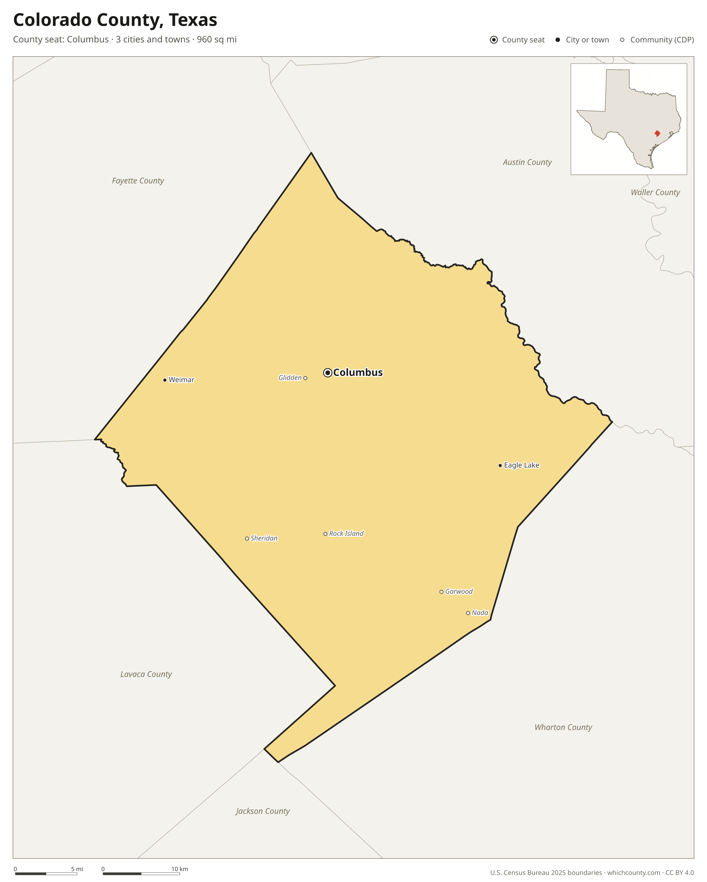 Map of Colorado County, Texas with cities, towns and the county boundary