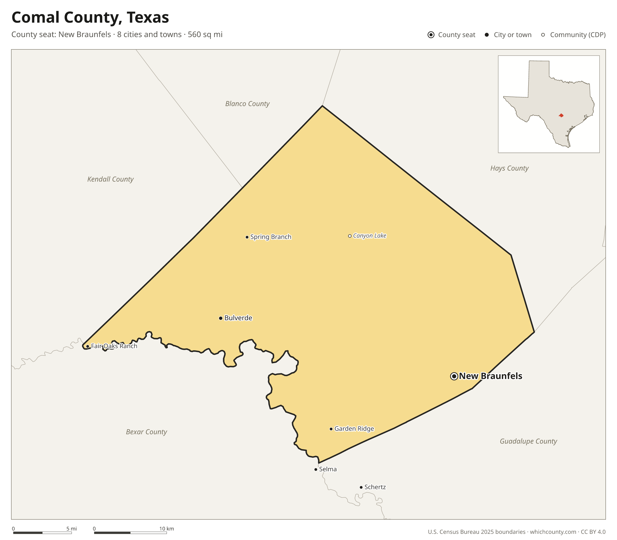 Map of Comal County, Texas with cities, towns and the county boundary