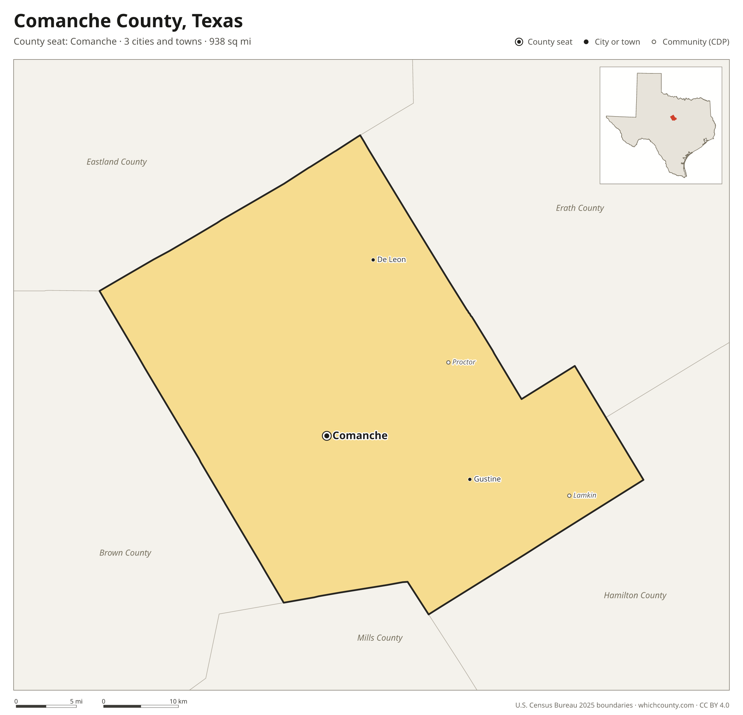 Map of Comanche County, Texas with cities, towns and the county boundary