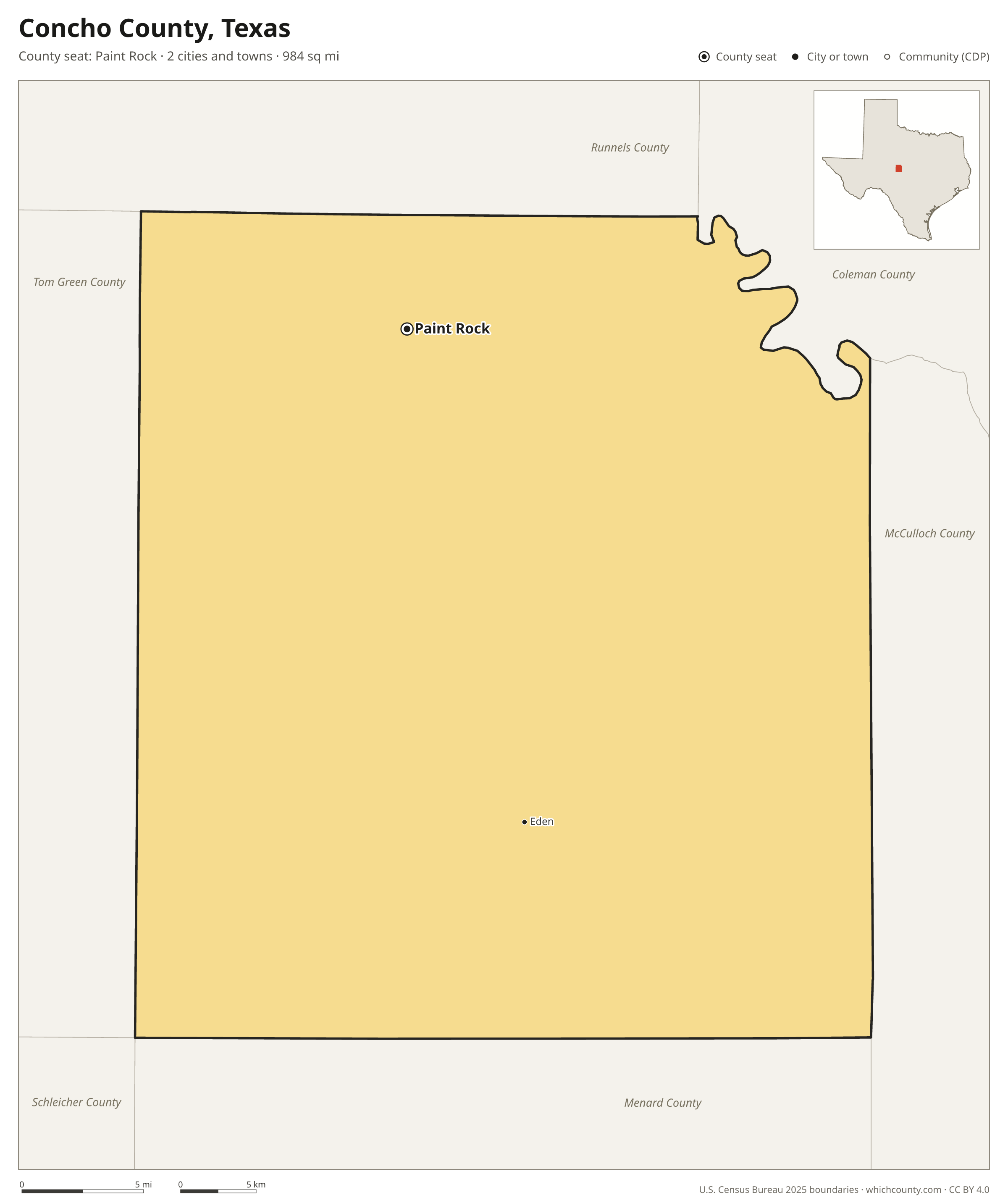 Map of Concho County, Texas with cities, towns and the county boundary