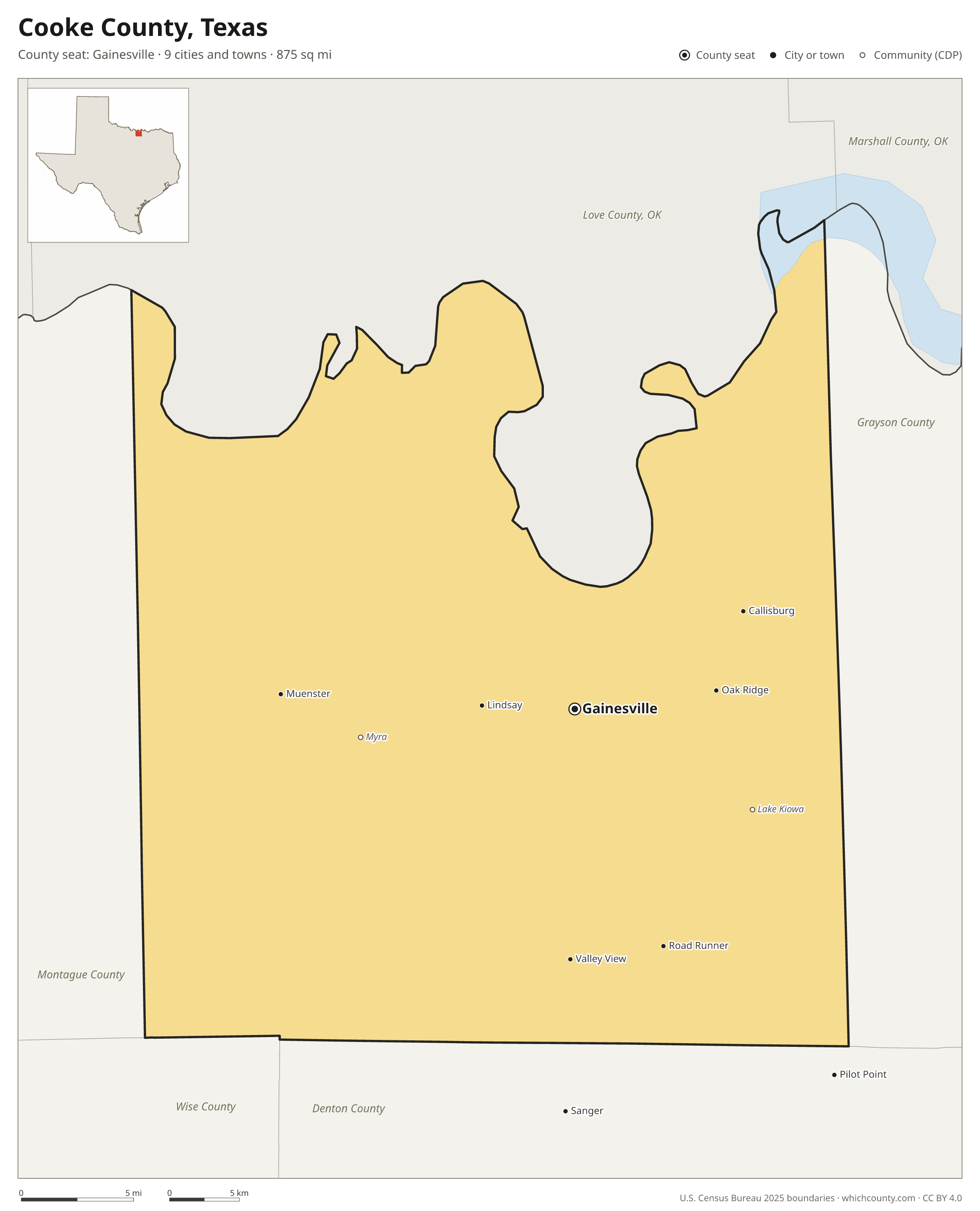 Map of Cooke County, Texas with cities, towns and the county boundary