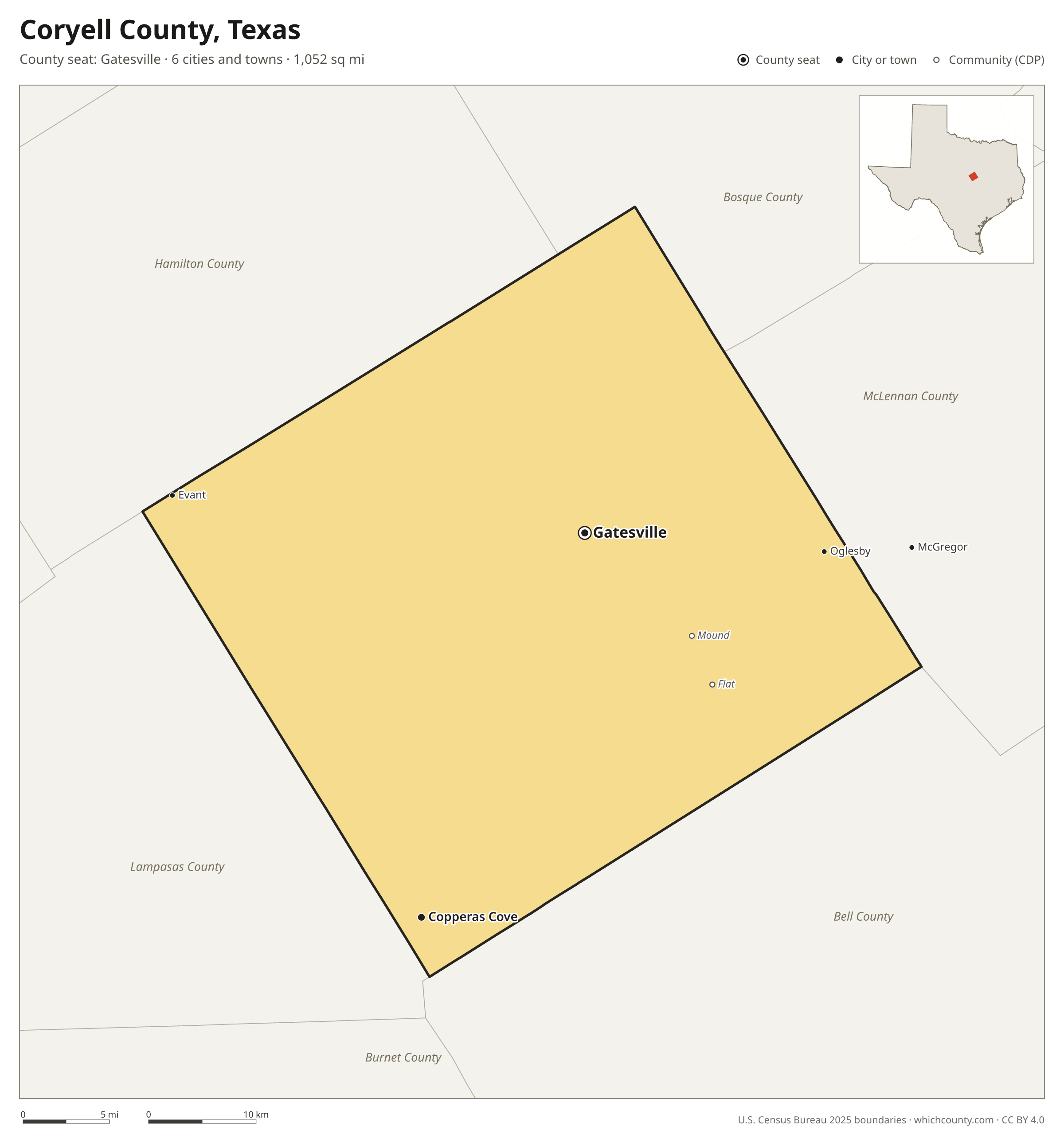 Map of Coryell County, Texas with cities, towns and the county boundary