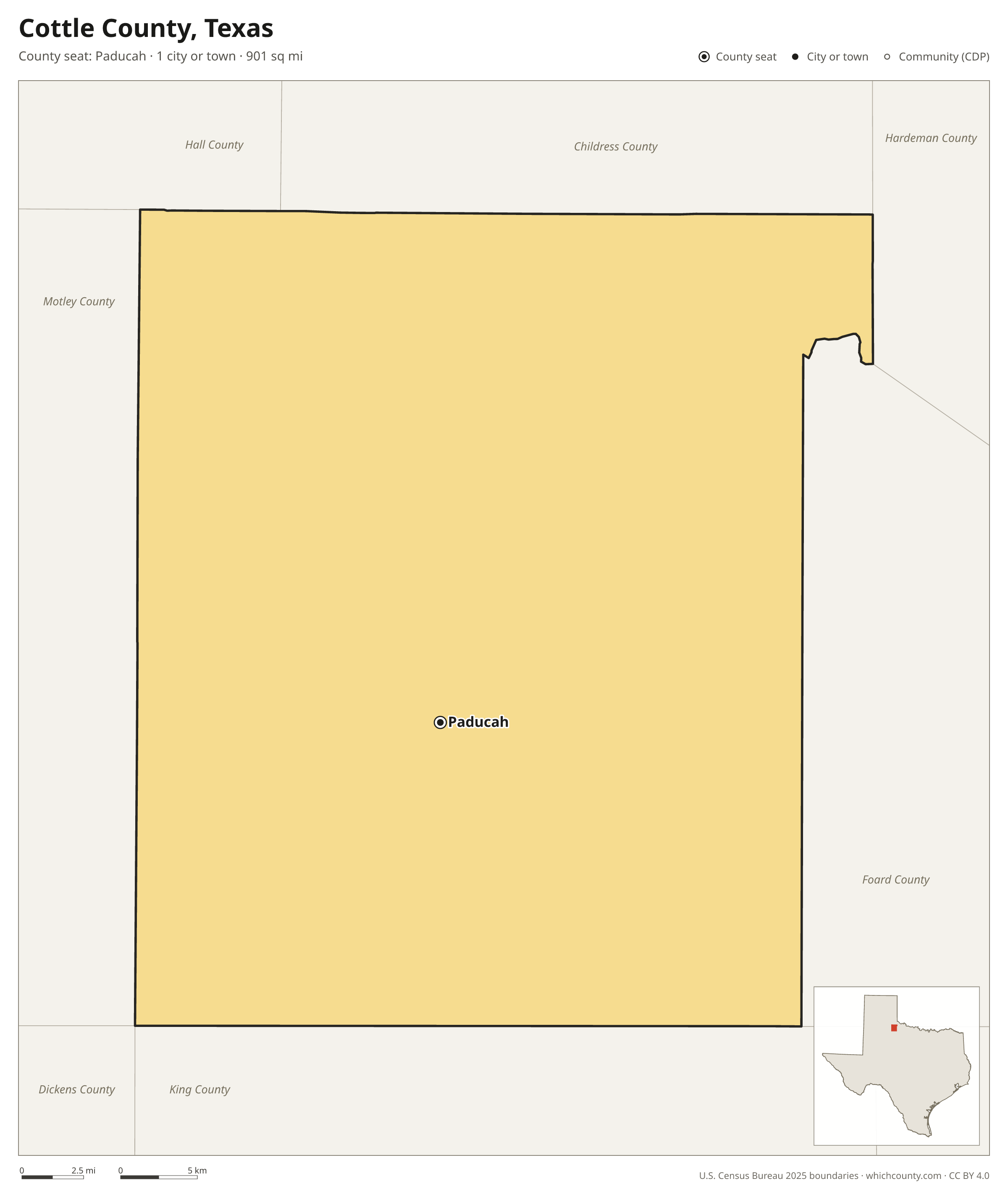 Map of Cottle County, Texas with cities, towns and the county boundary