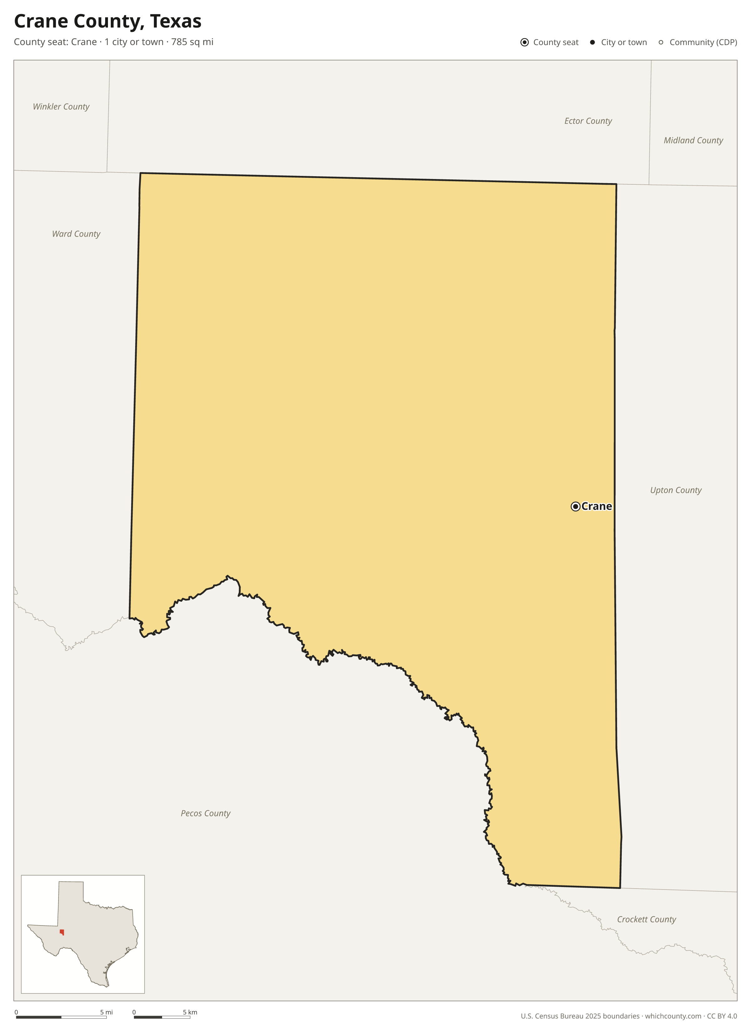 Map of Crane County, Texas with cities, towns and the county boundary