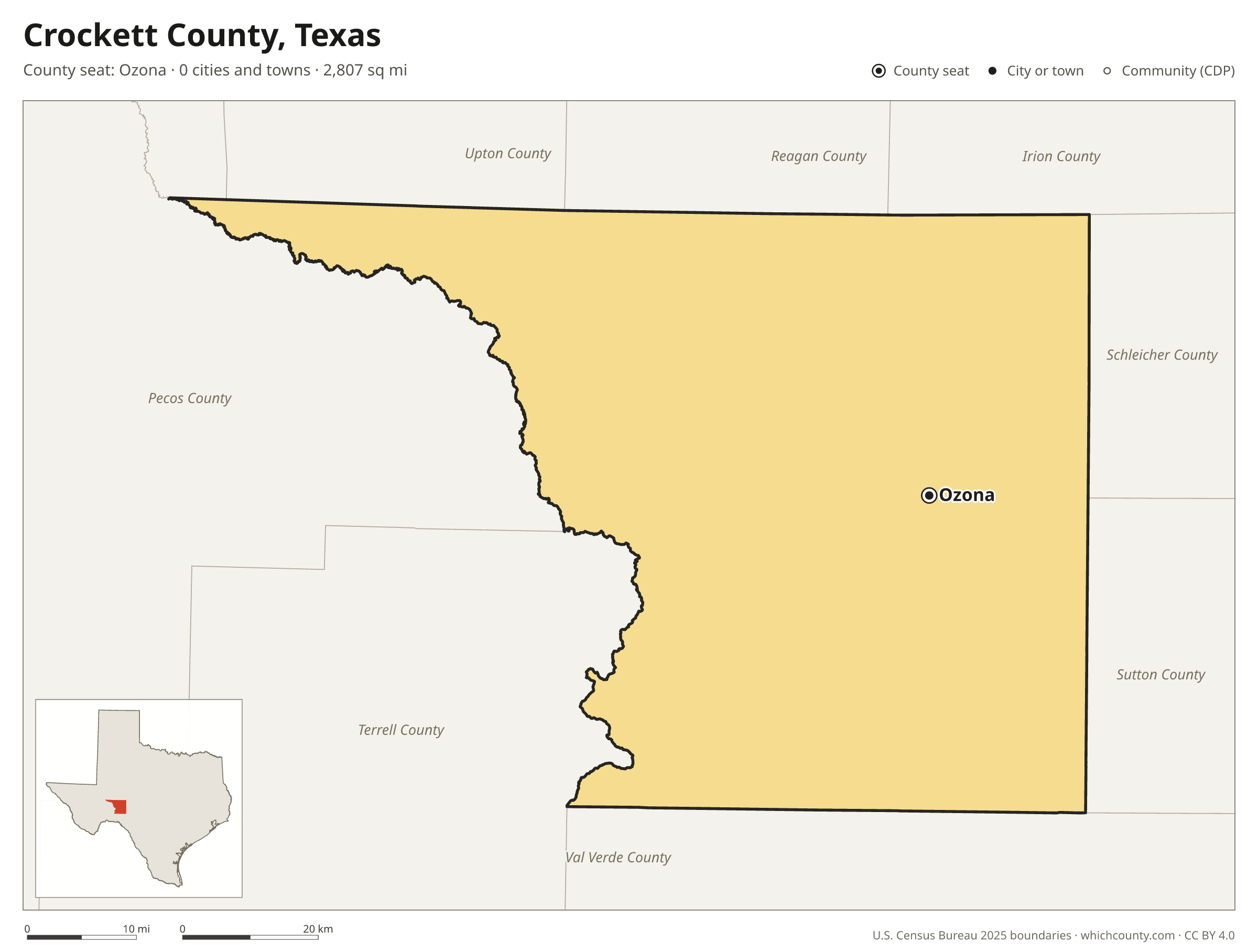 Map of Crockett County, Texas with cities, towns and the county boundary