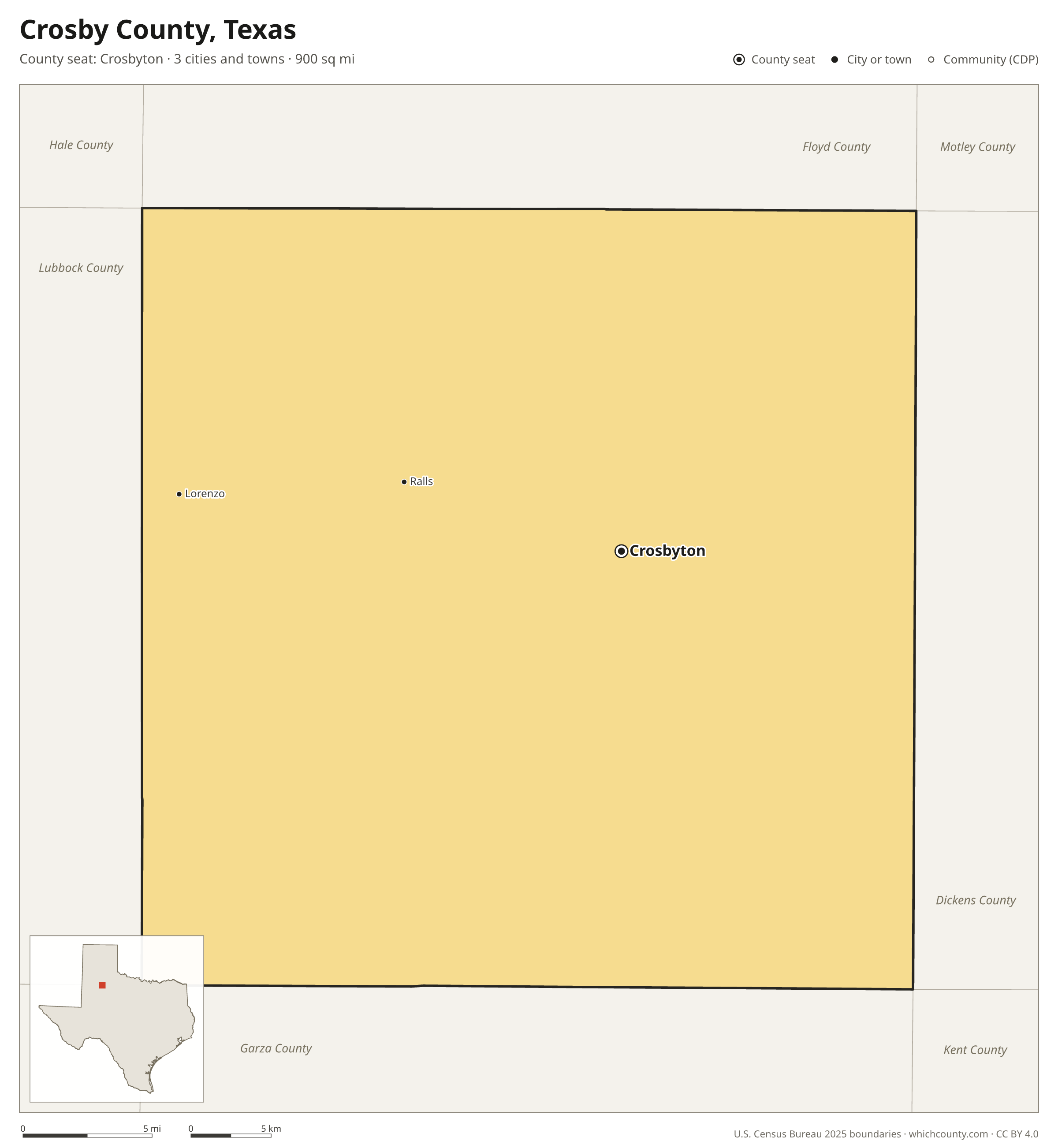 Map of Crosby County, Texas with cities, towns and the county boundary