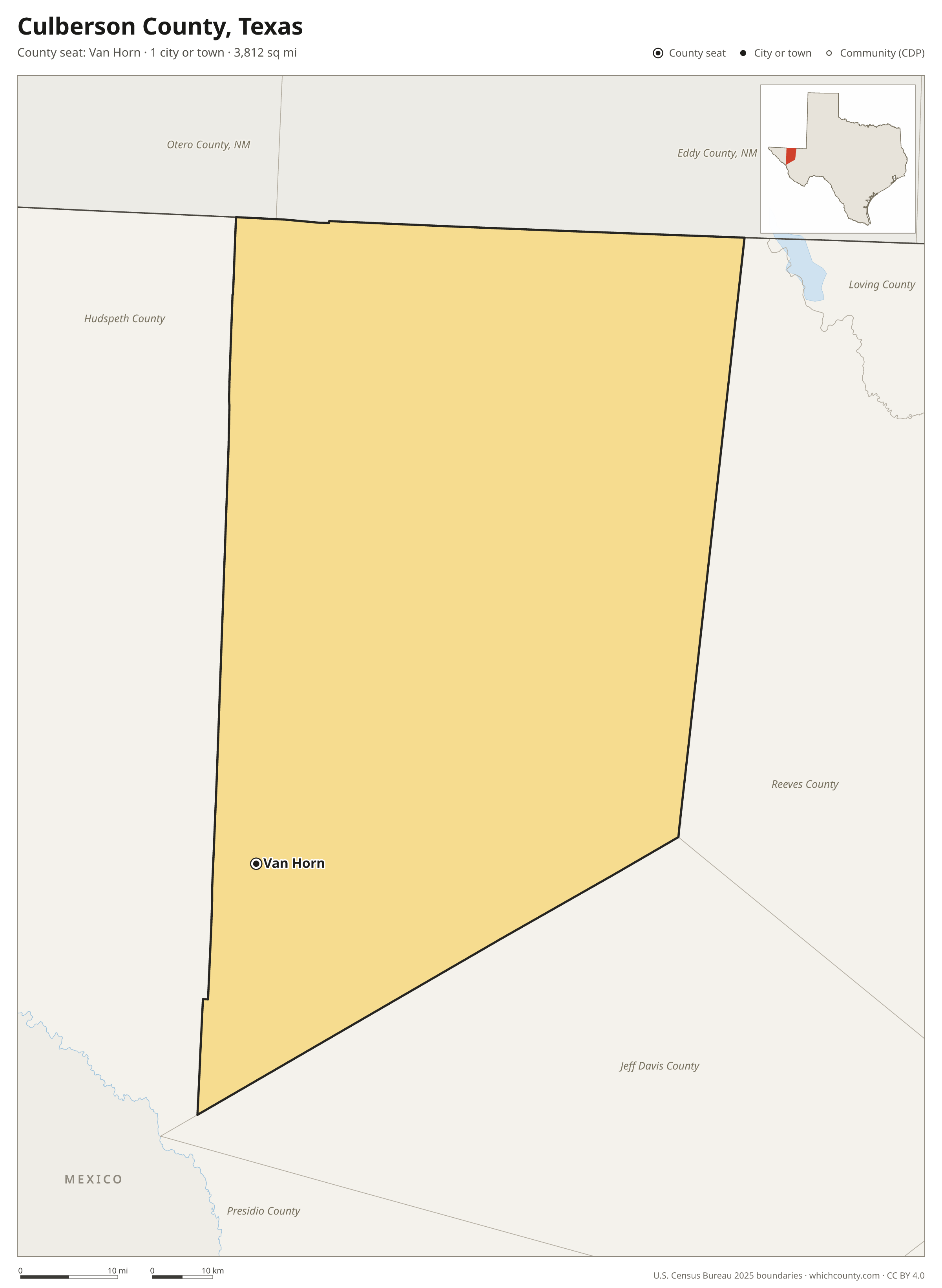 Map of Culberson County, Texas with cities, towns and the county boundary