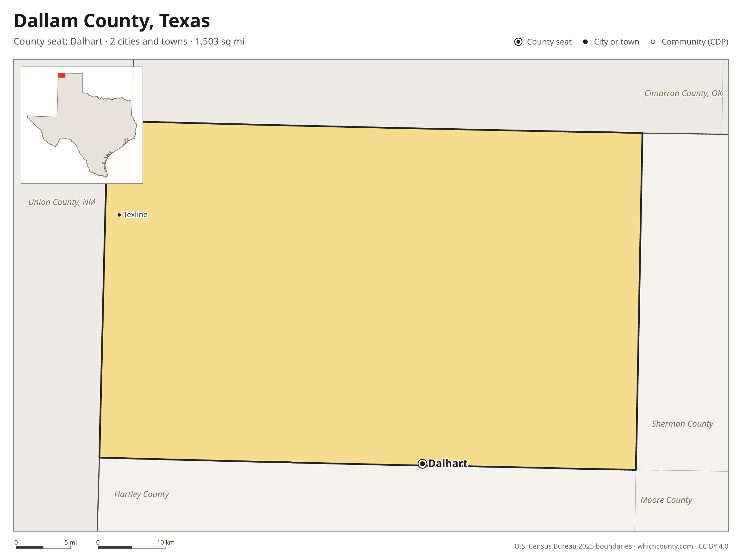 Map of Dallam County, Texas with cities, towns and the county boundary