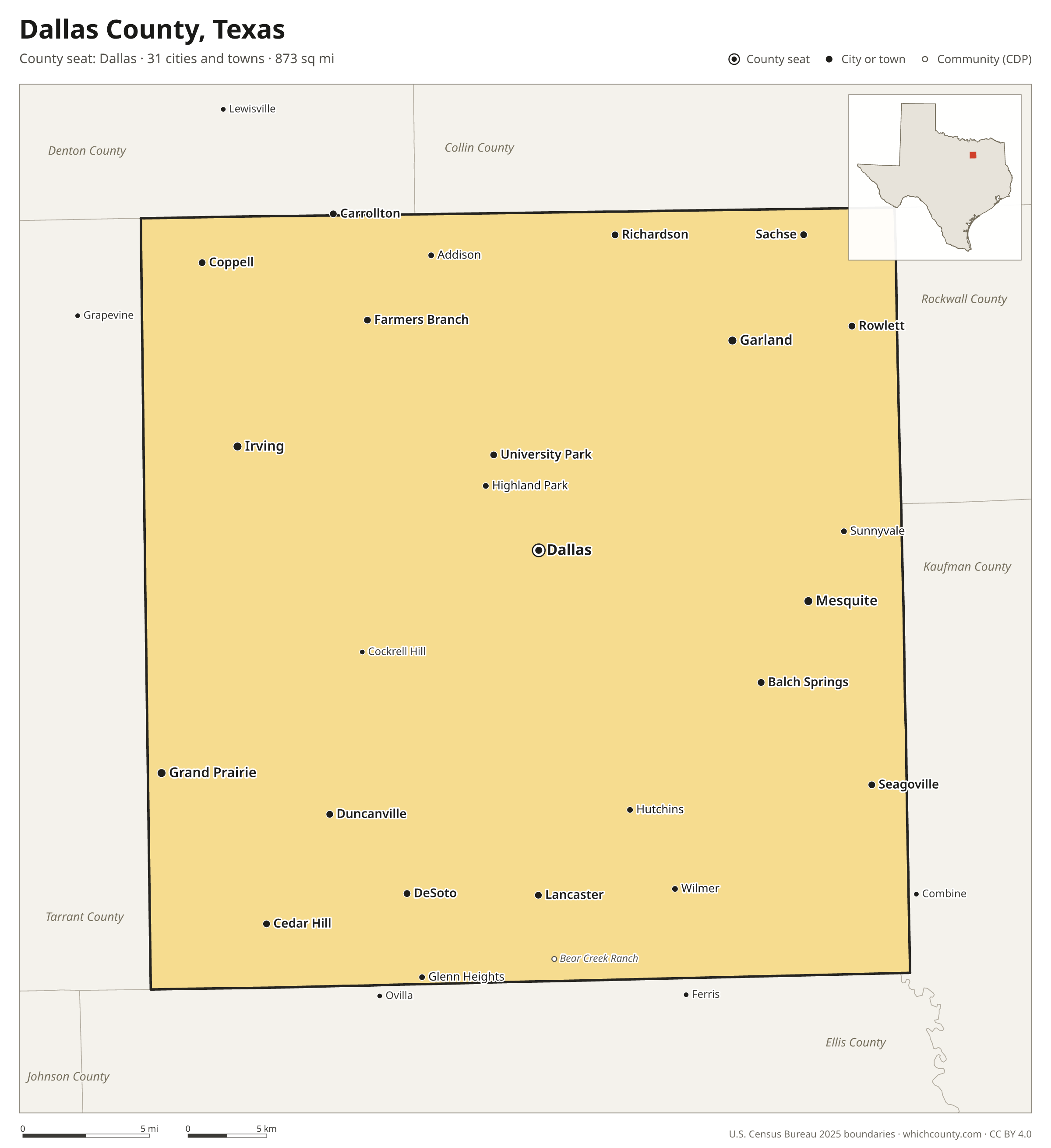 Map of Dallas County, Texas with cities, towns and the county boundary
