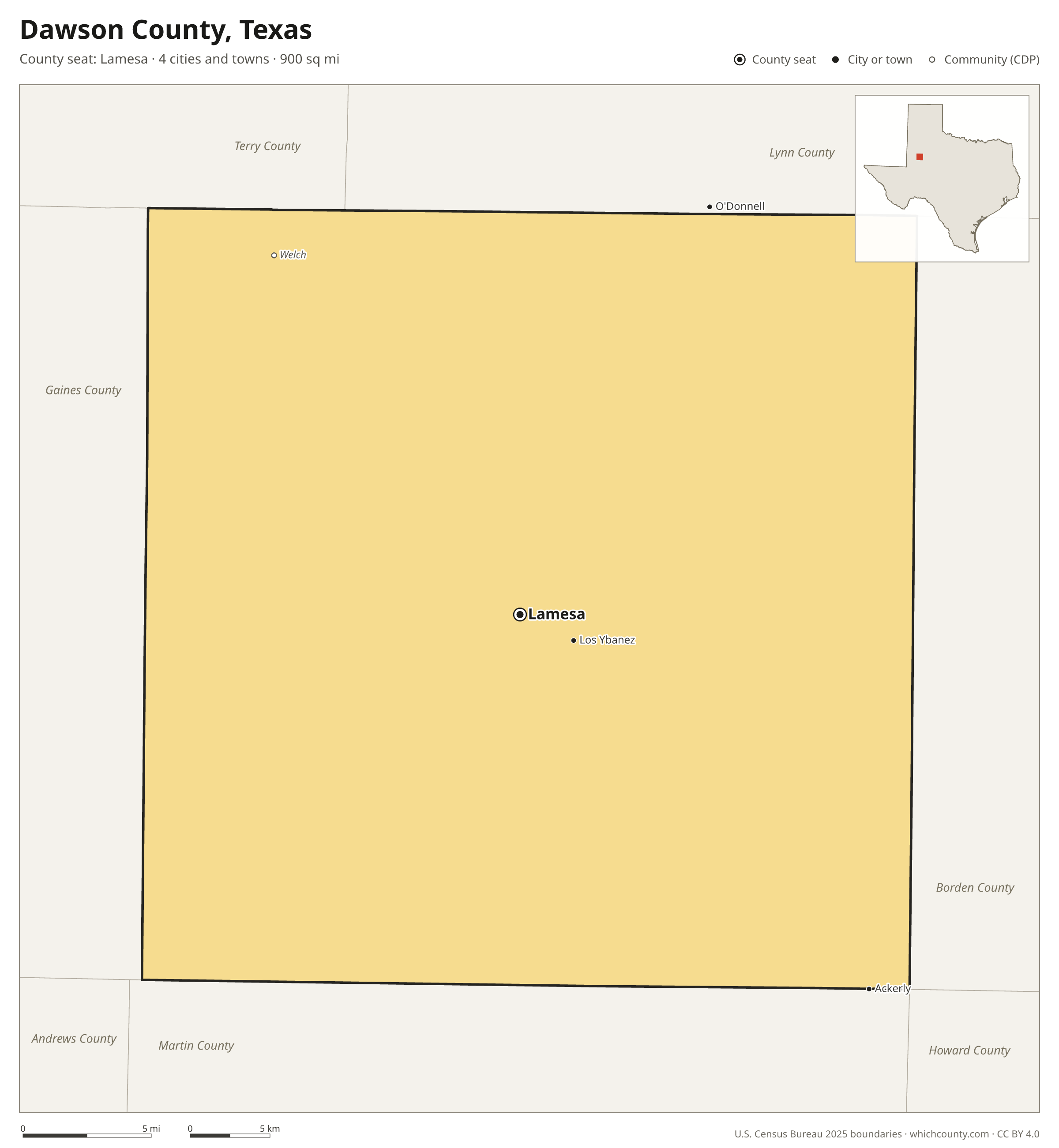 Map of Dawson County, Texas with cities, towns and the county boundary