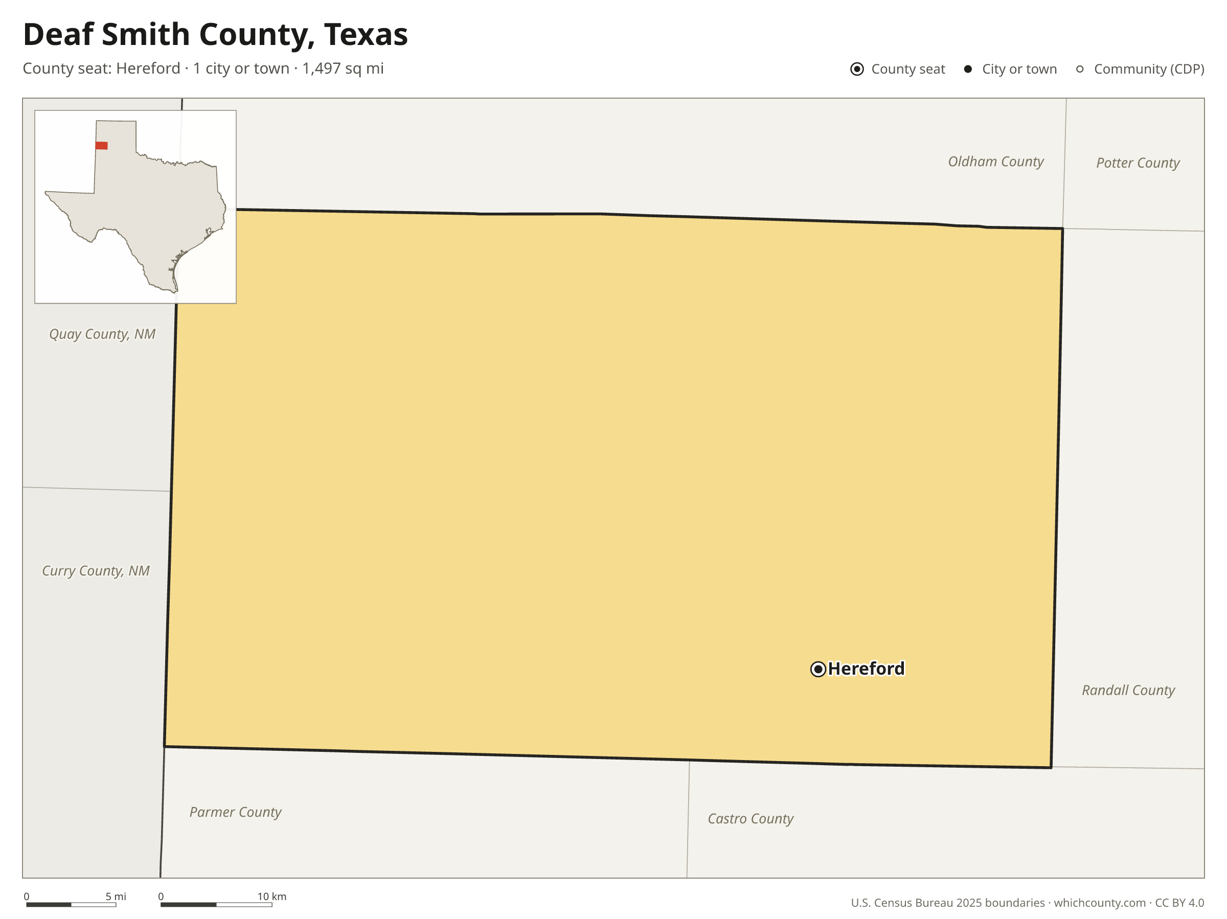 Map of Deaf Smith County, Texas with cities, towns and the county boundary