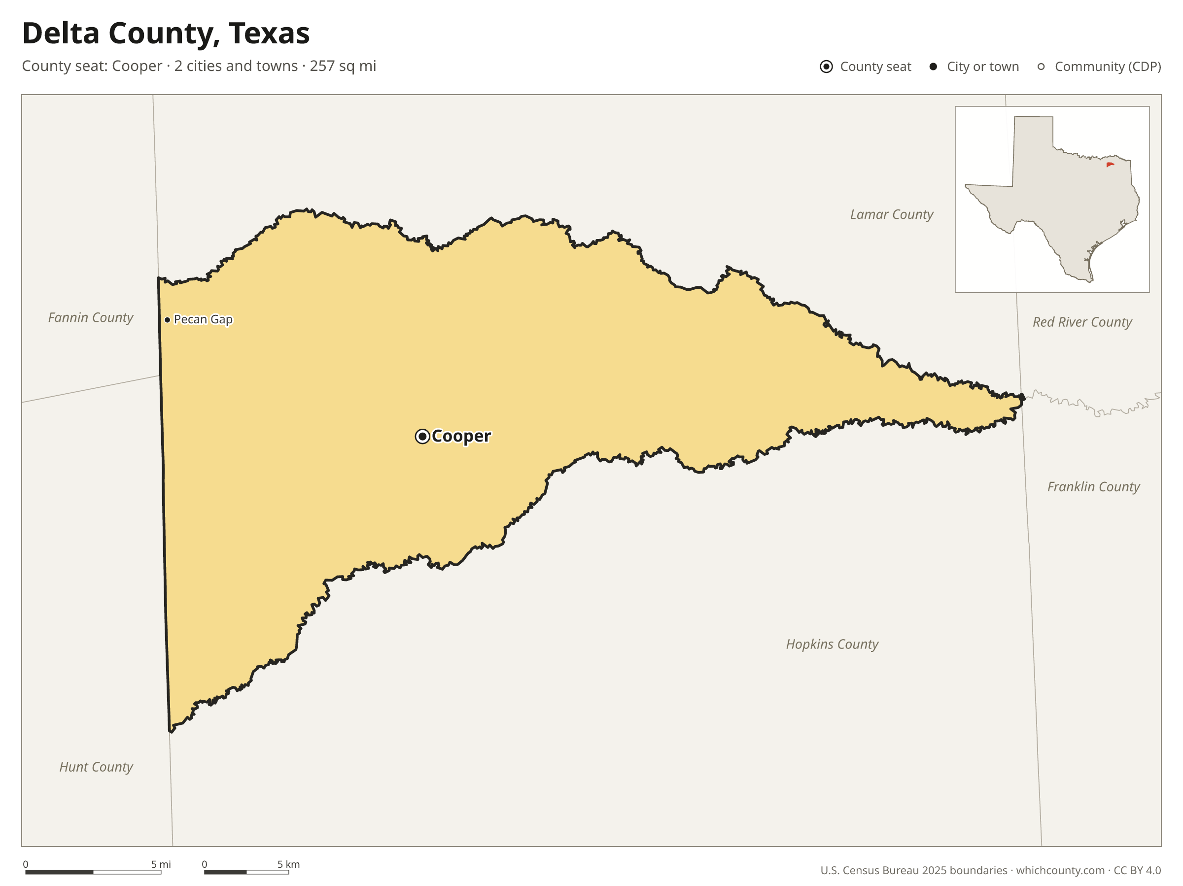 Map of Delta County, Texas with cities, towns and the county boundary